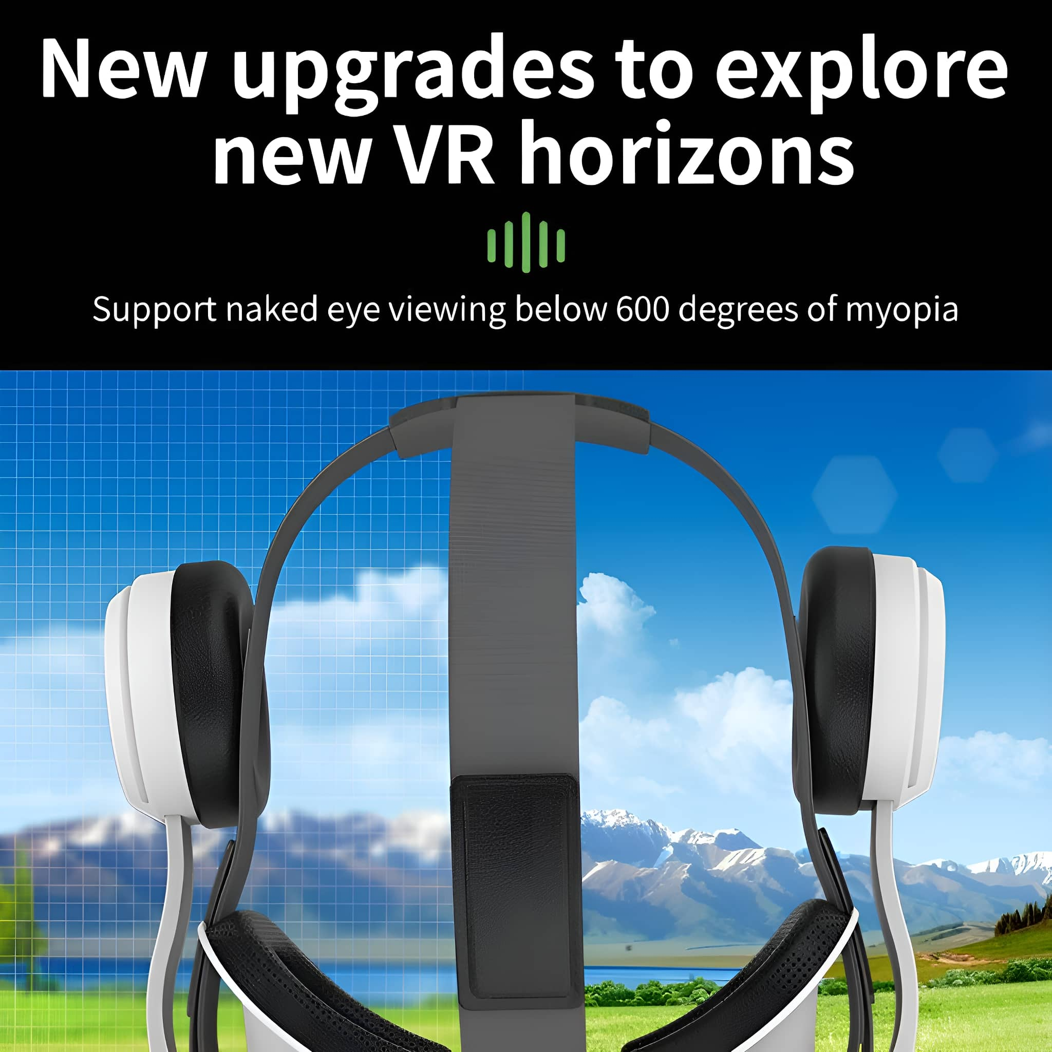 VR-Headset mit weißem und schwarzem Design vor blauem Himmel mit Bergen.