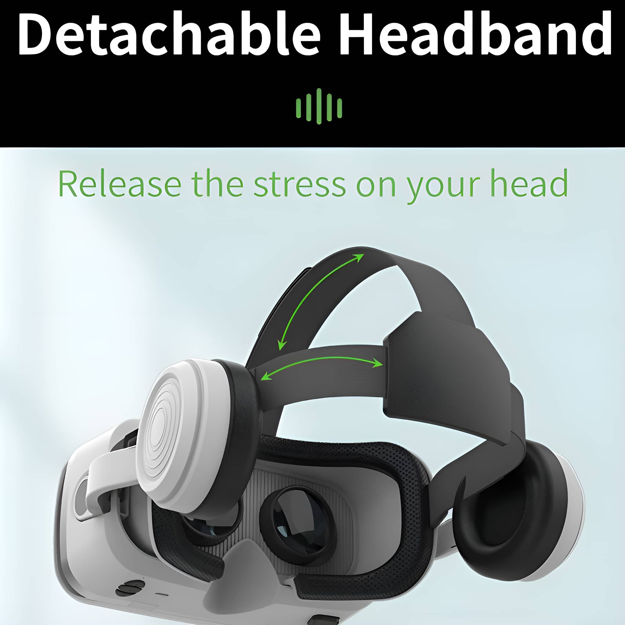 VR-Headset mit abnehmbarem Kopfband. Weißes und schwarzes Design mit grünen Pfeilen, die die abnehmbare Funktion anzeigen.