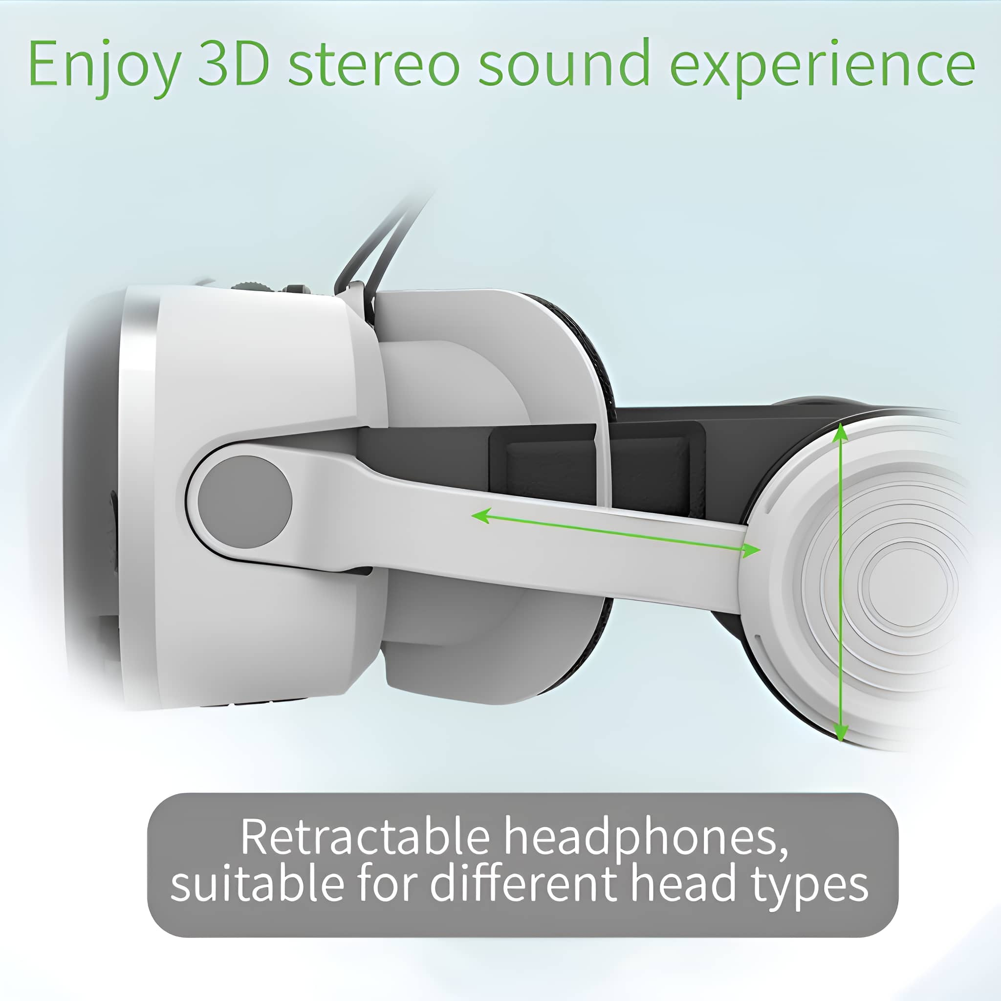 Ein VR-Headset, das seine einziehbaren Kopfhörer und 3D-Sound veranschaulicht.