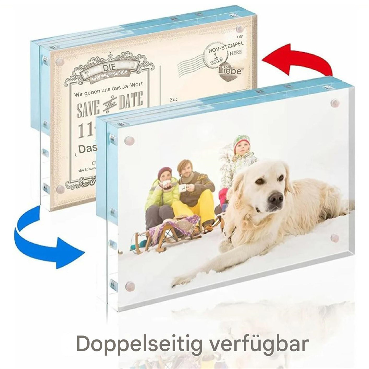 Zwei Acryl-Fotorahmen, einer mit Familienfoto, der andere mit Vintage-Save-the-Date-Karte, mit Pfeilen.