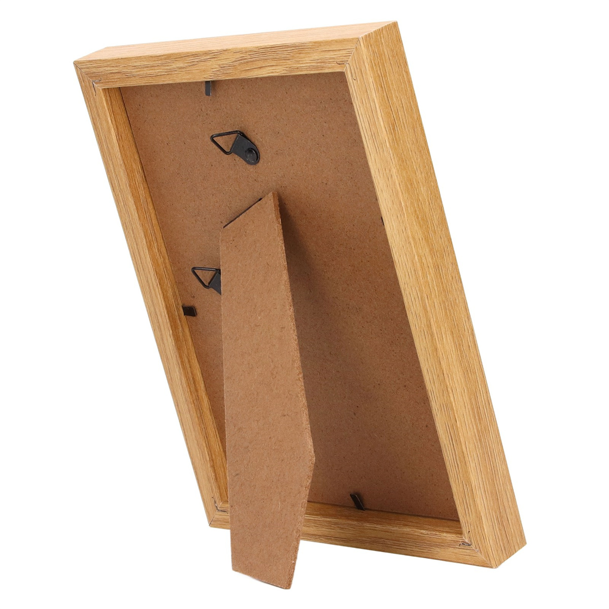 Holzbilderrahmen, Rückansicht, auf Kartonständer gestützt, auf Weiß schräg.