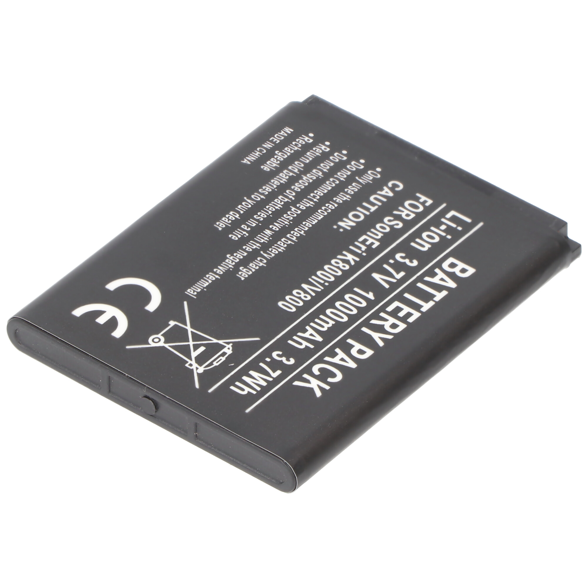 Schwarzer Akku, 3,7 V, 1000 mAh. Text darauf: Akku, Li-Ion, Für SonEri K800i/V800, mit Warnhinweisen.