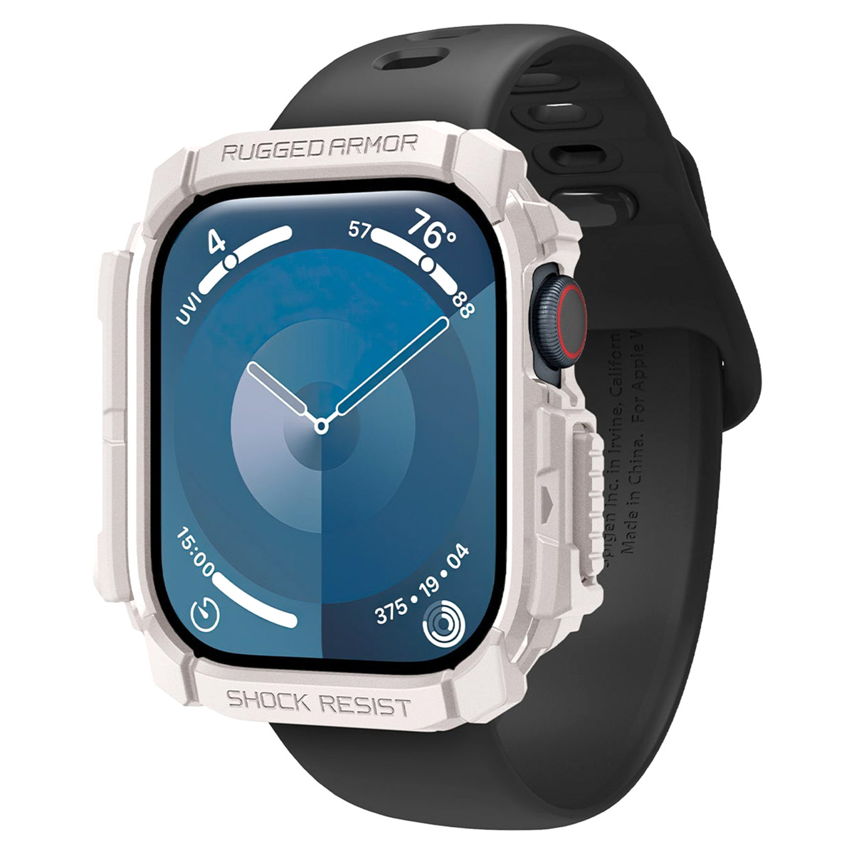 Biały i czarny pasek oraz obudowa smartwatcha. Ekran pokazuje czas, UV i temperaturę.