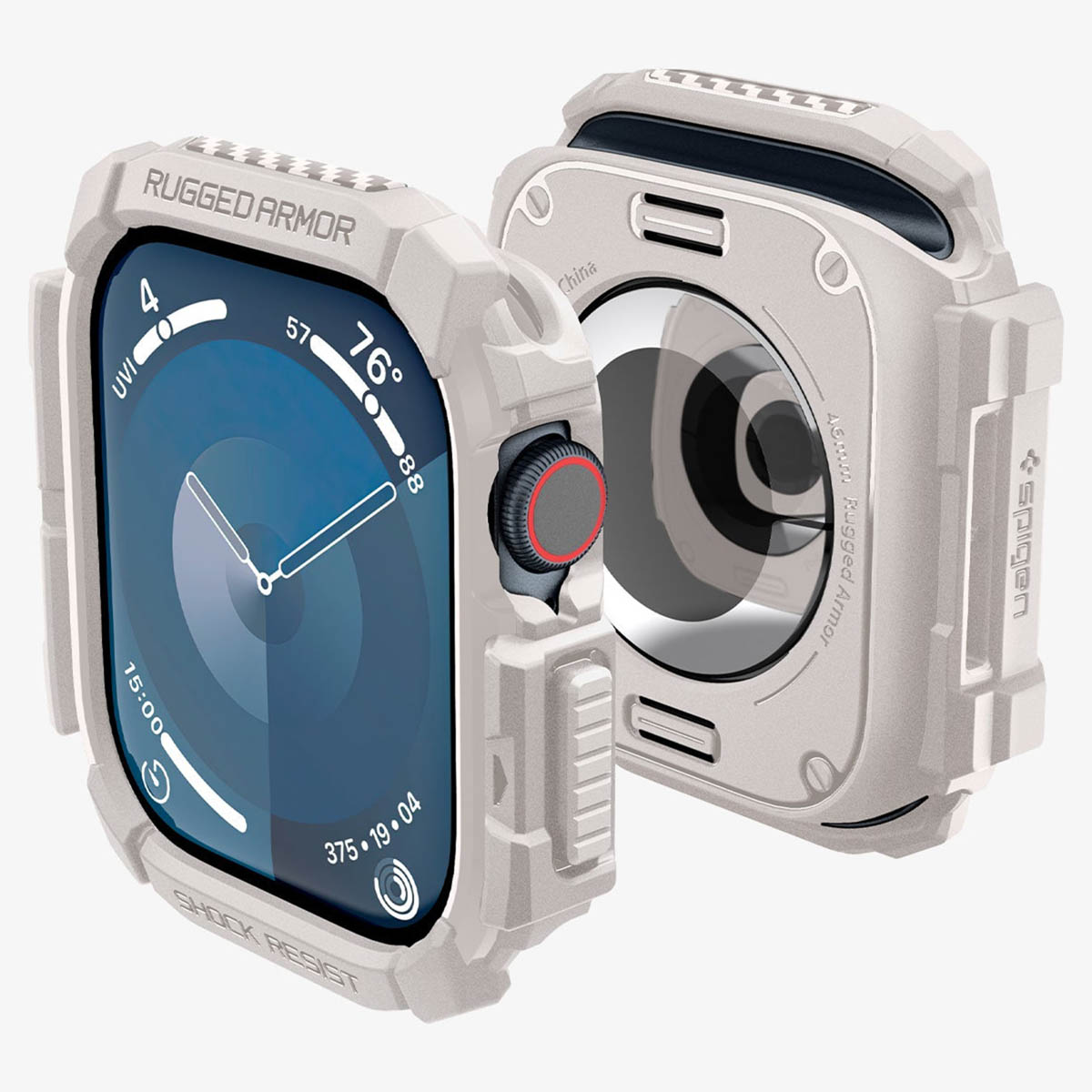 Biało-szara, wytrzymała obudowa zegarka. Tarcza wyświetla informacje o czasie i temperaturze.