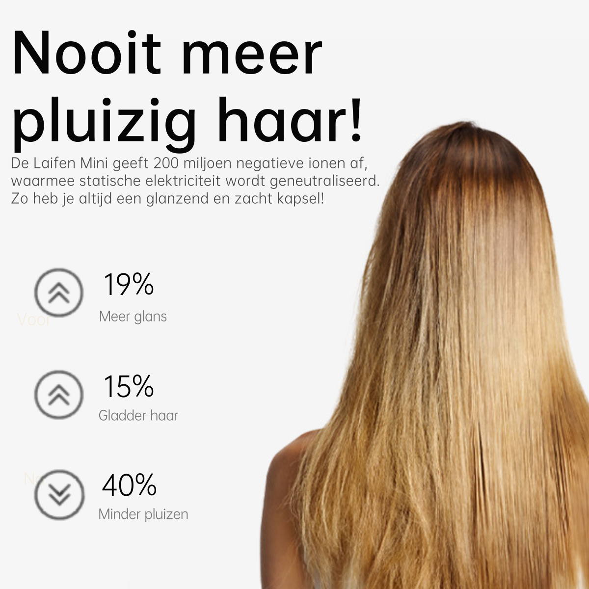 Vrouw met lang haar, tekst over glans en minder kroezen.