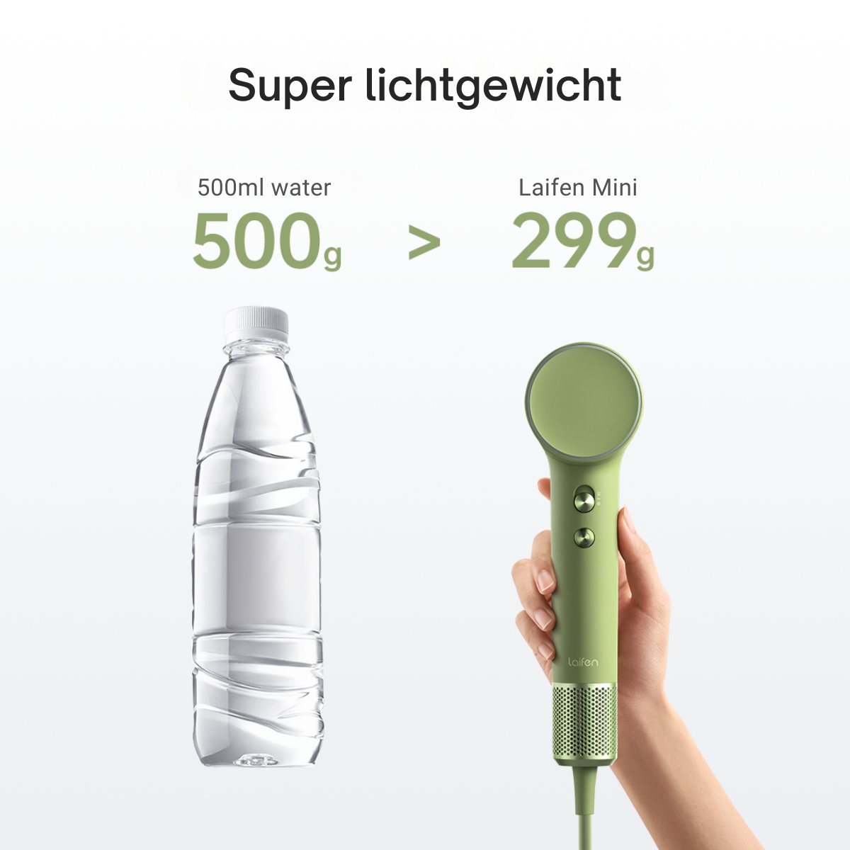 Een groene haardroger naast een fles water, met tekst over lichtgewicht.