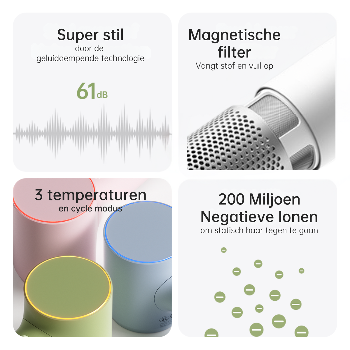 Vier afbeeldingen met tekst over de kenmerken van een föhn: stil, magnetisch filter, temperaturen en negatieve ionen.