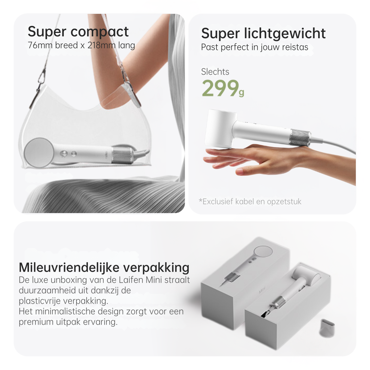 Productdetails. Tekstpanelen: compact, lichtgewicht en milieuvriendelijke verpakking. Witte achtergrond.