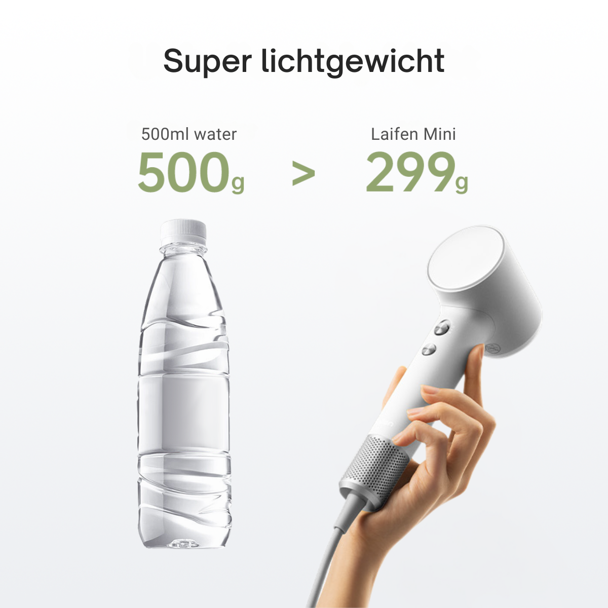 Vergelijking: Waterfles vs. föhn. Föhn in de hand. Tekst: 500g water <gt/> 299g Laifen Mini.