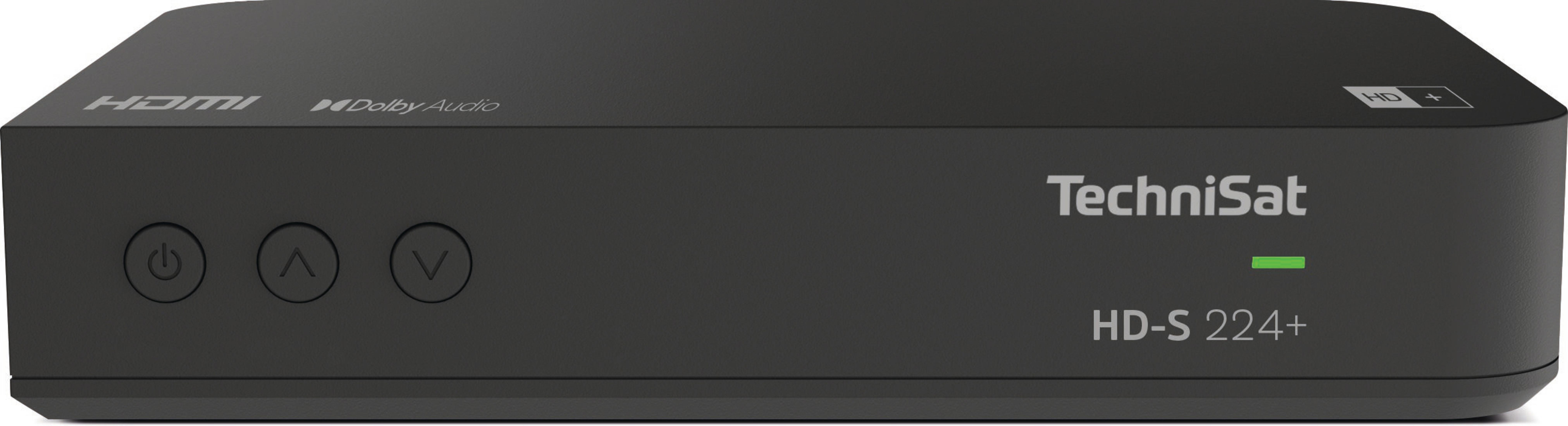 Schwarzer TechniSat HD-S 224+ Receiver mit drei Knöpfen und grünem Licht.