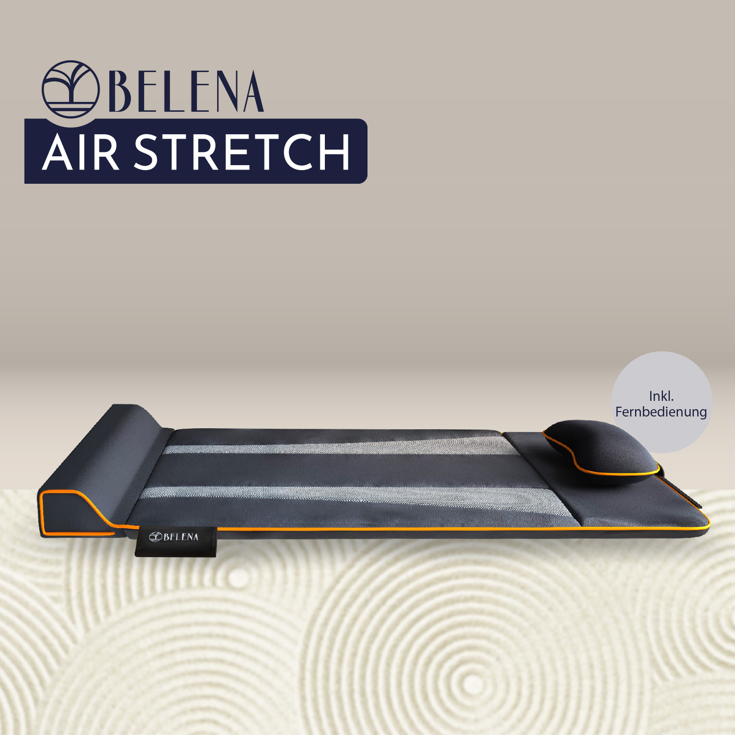 Graue Massagematte mit orangefarbener Umrandung. Inklusive Kissen und Fernbedienung. Air Stretch.