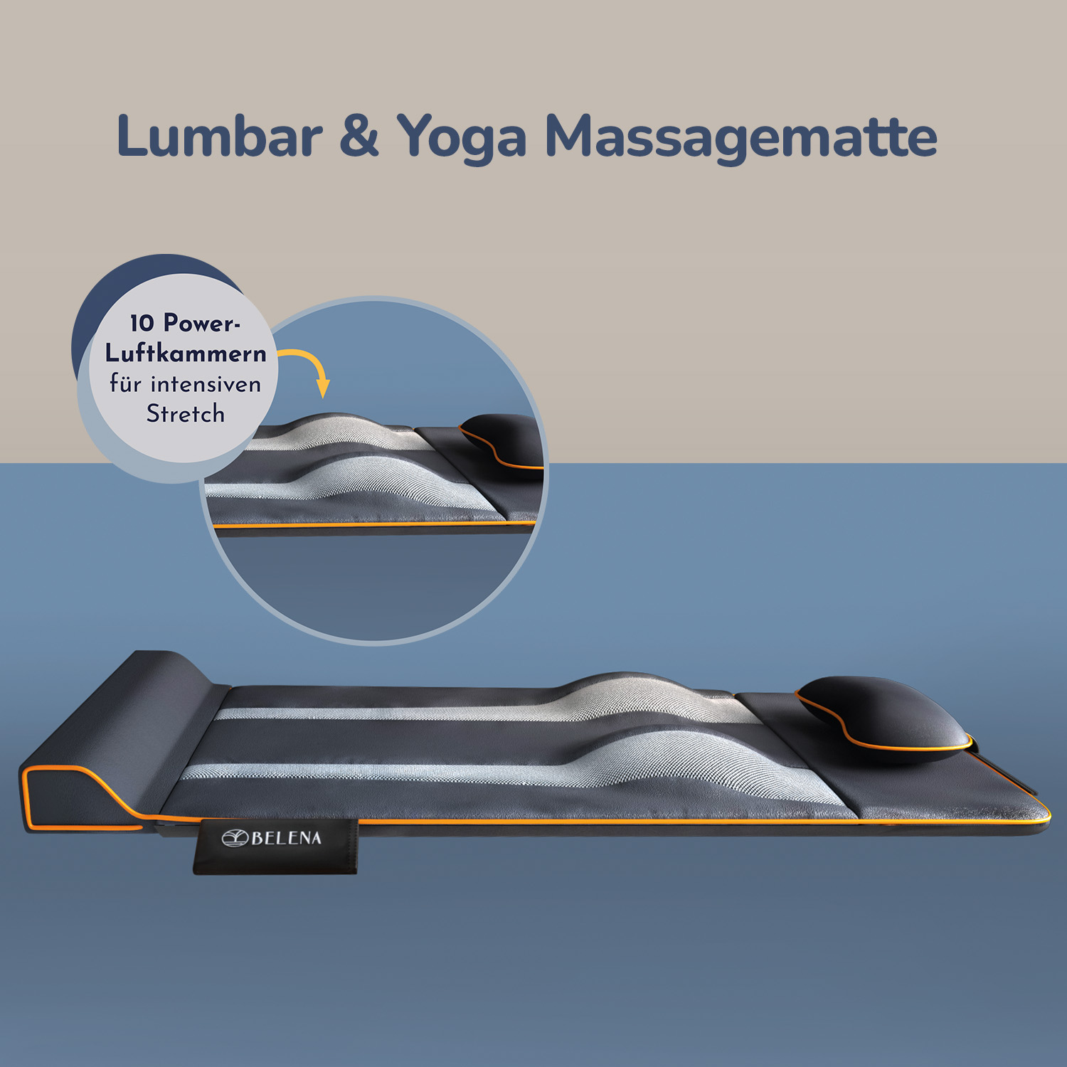 Eine Massagematte mit blau-grauen Streifen. Der Text lautet 'Lumbar & Yoga Massagematte'.