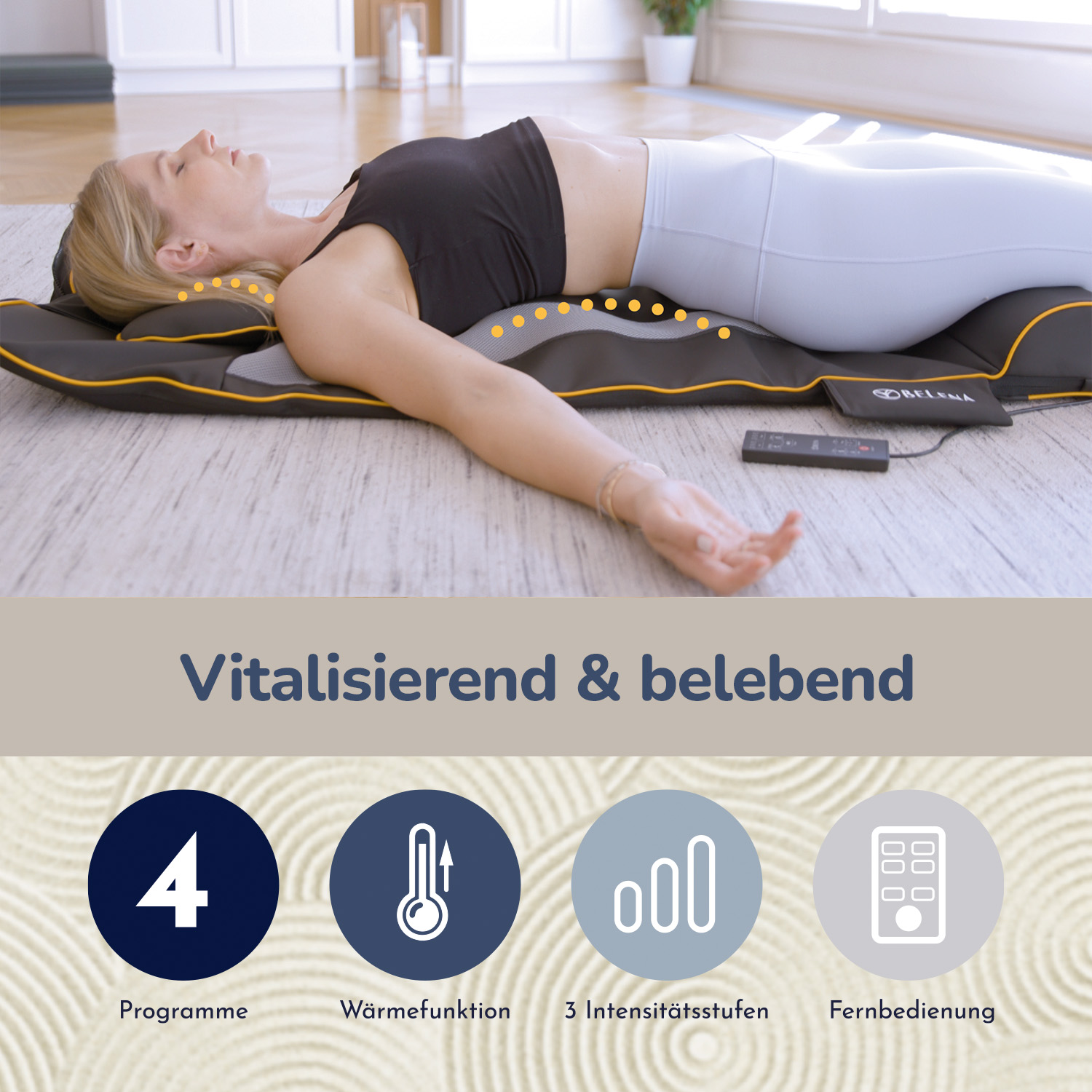 Eine Person liegt auf einer Massagematte. Symbole für Programme, Wärme, Intensitätsstufen und Fernbedienung werden angezeigt.