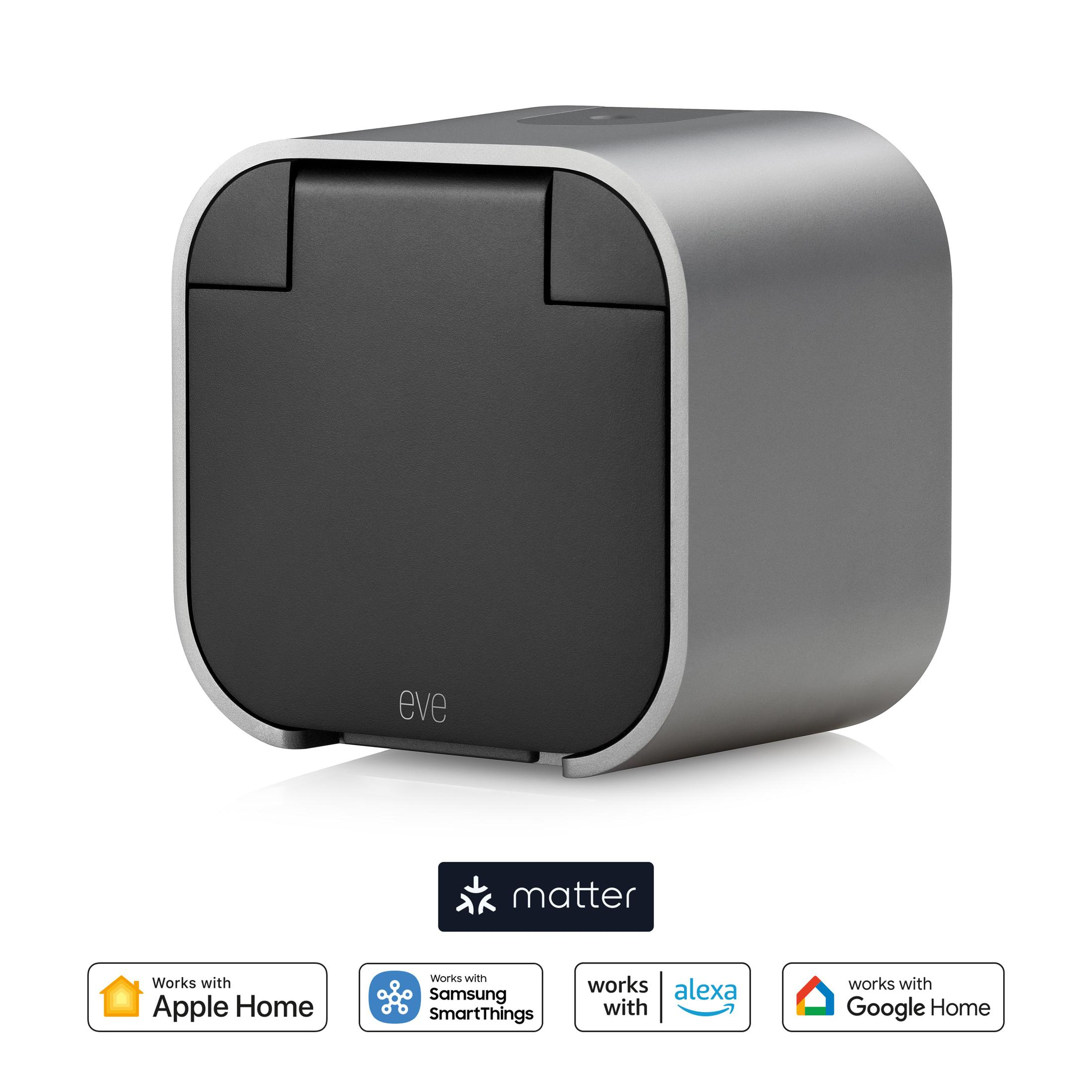 Ein Smart-Home-Hub. Das Gerät ist grau mit schwarzer Front. Logos der Smart-Home-Plattformen.