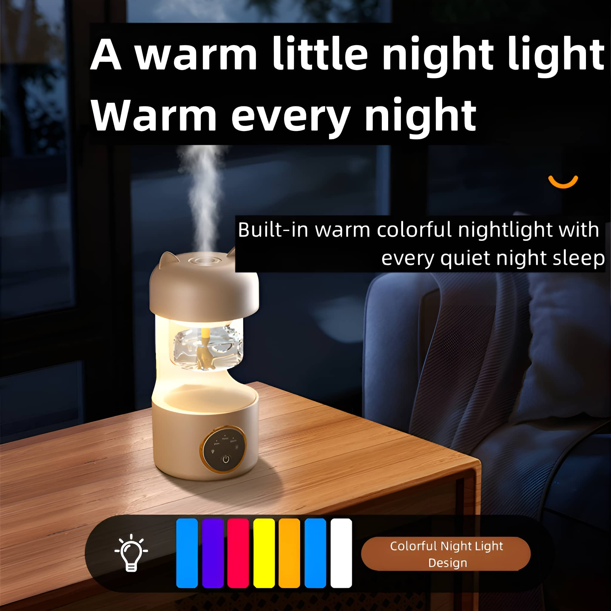 Nachtlicht-Luftbefeuchter mit warmem Licht und farbigen Lichtoptionen. Auf Holztisch.