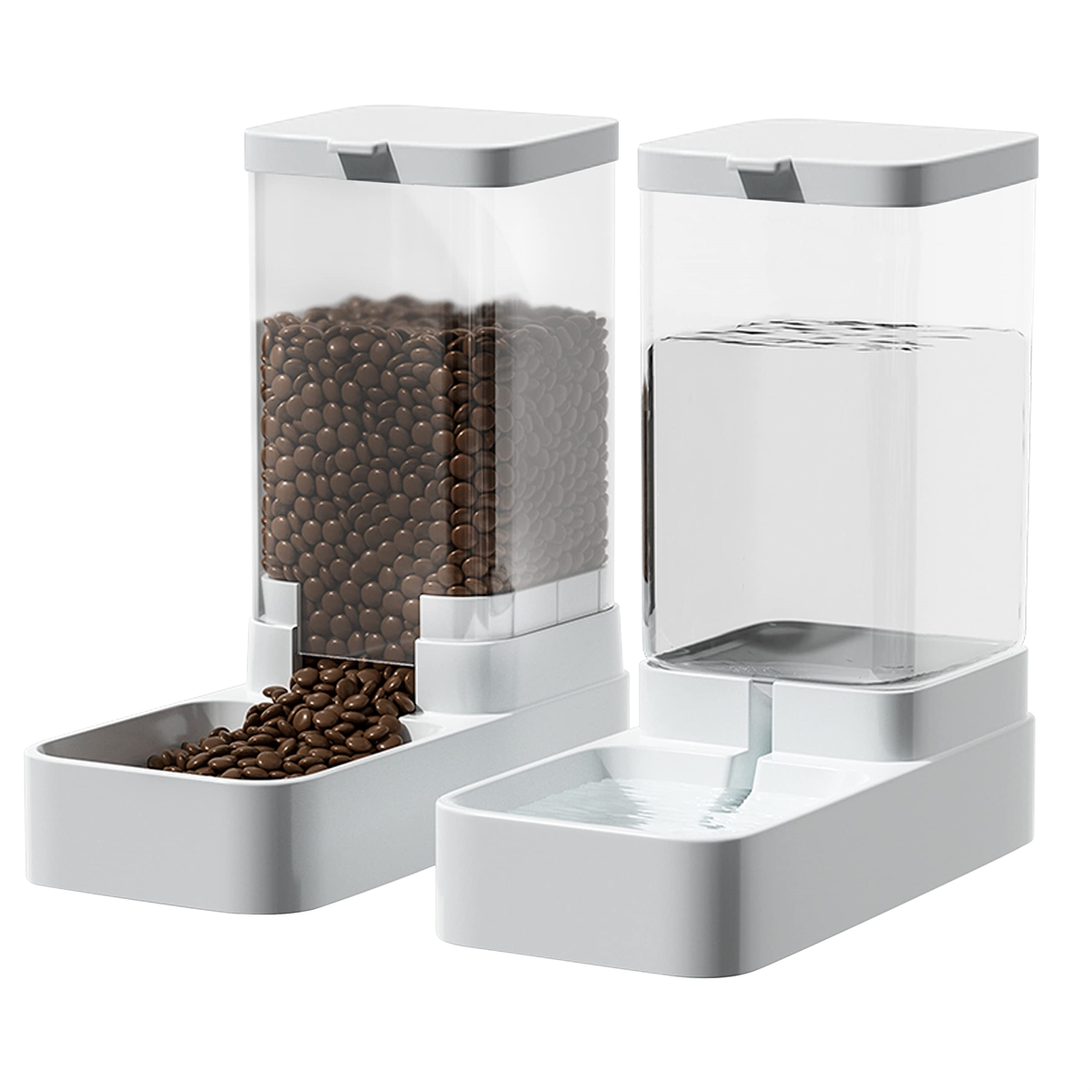Weißer Futterautomat mit zwei Fächern, eines für Futter und eines für Wasser.