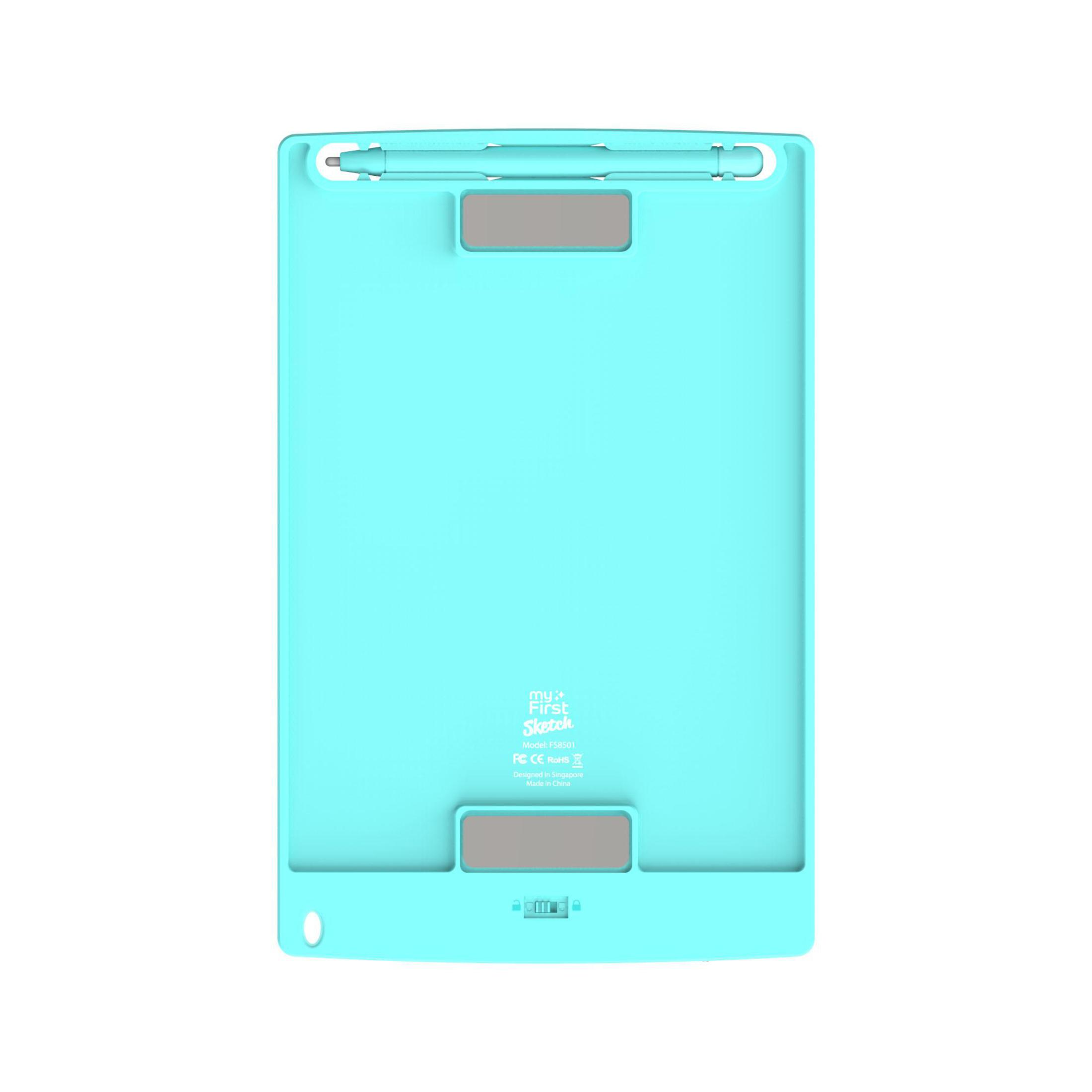 Un tablet turchese con una penna. Ha un portapenna integrato e varie etichette sul retro.