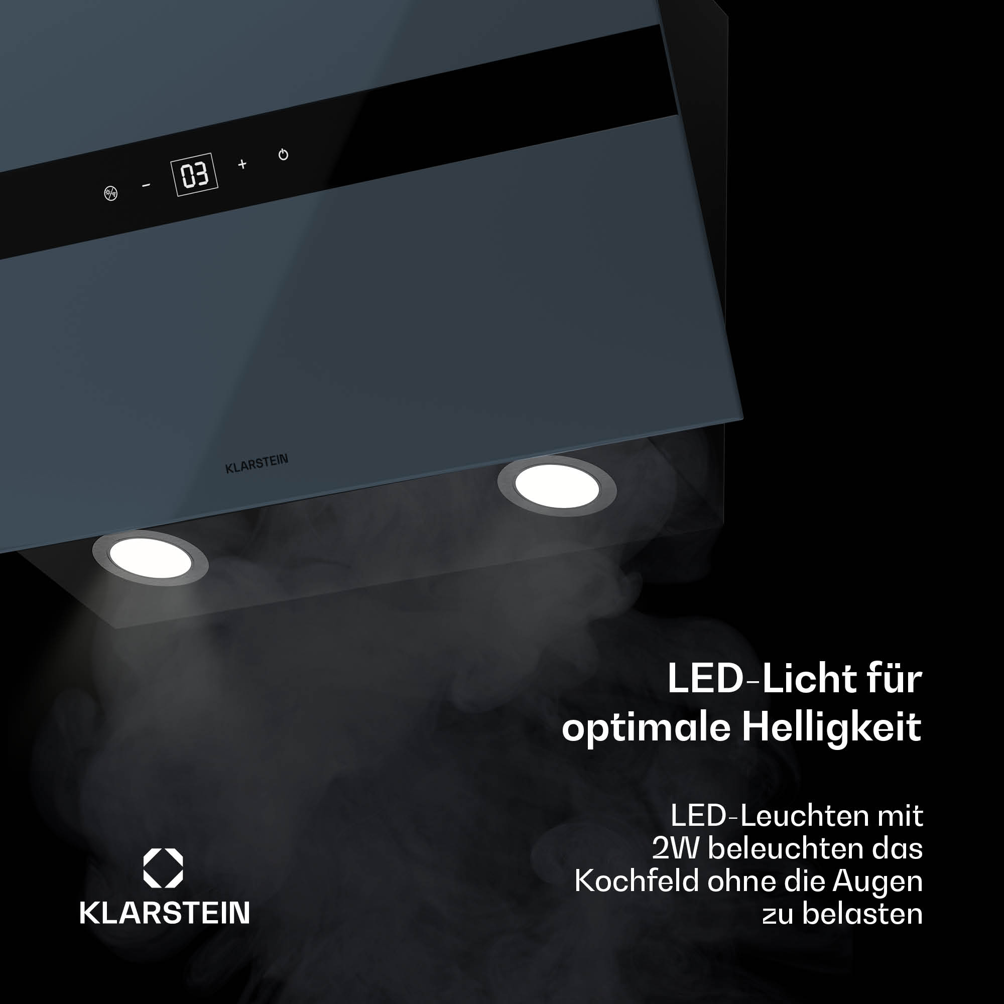 Cappa nera con luci e display digitale. Testo: Luce LED per una luminosità ottimale.