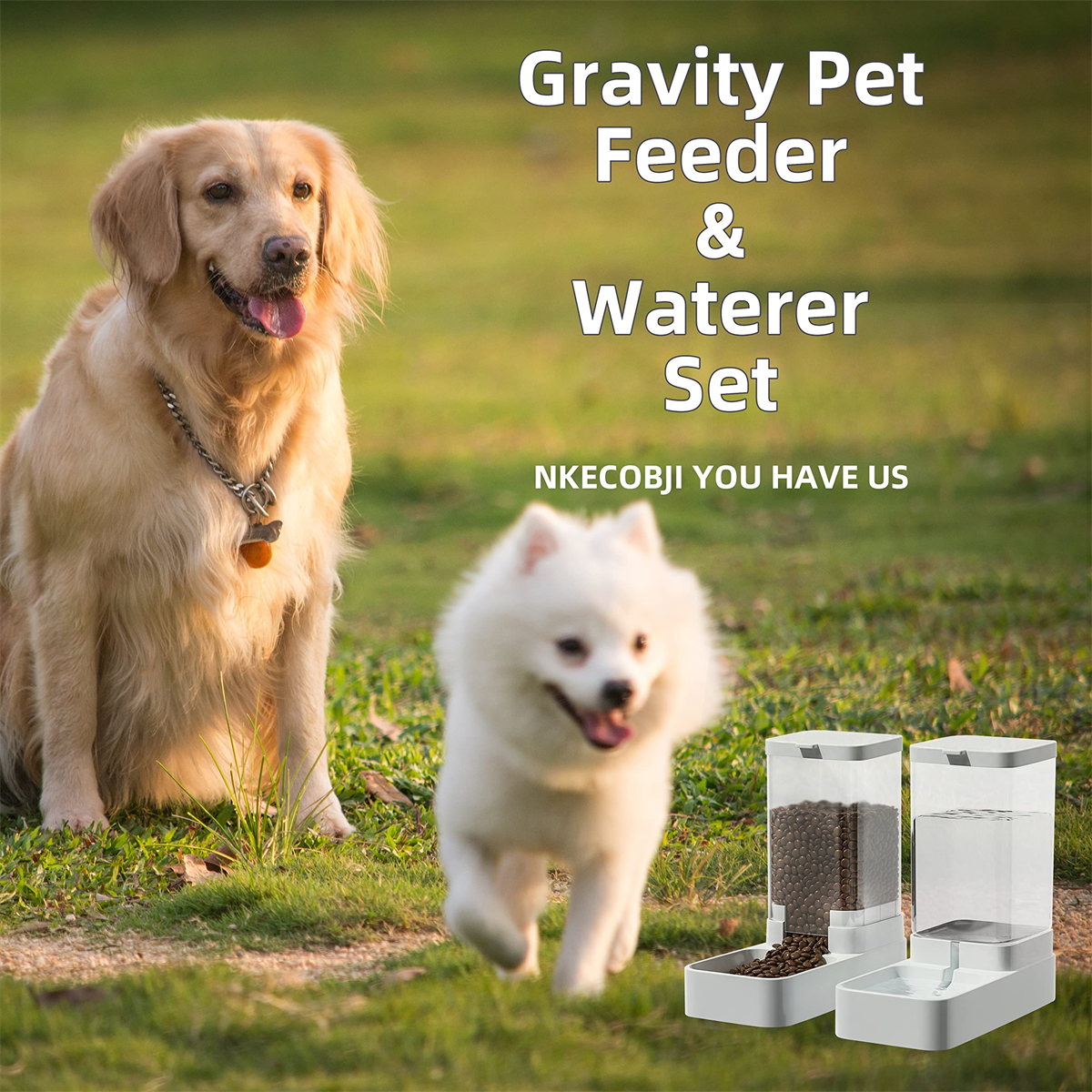 Ein Golden Retriever und ein kleiner weißer Hund mit einem Schwerkraft-Tierfutter- und Wasserspender-Set.