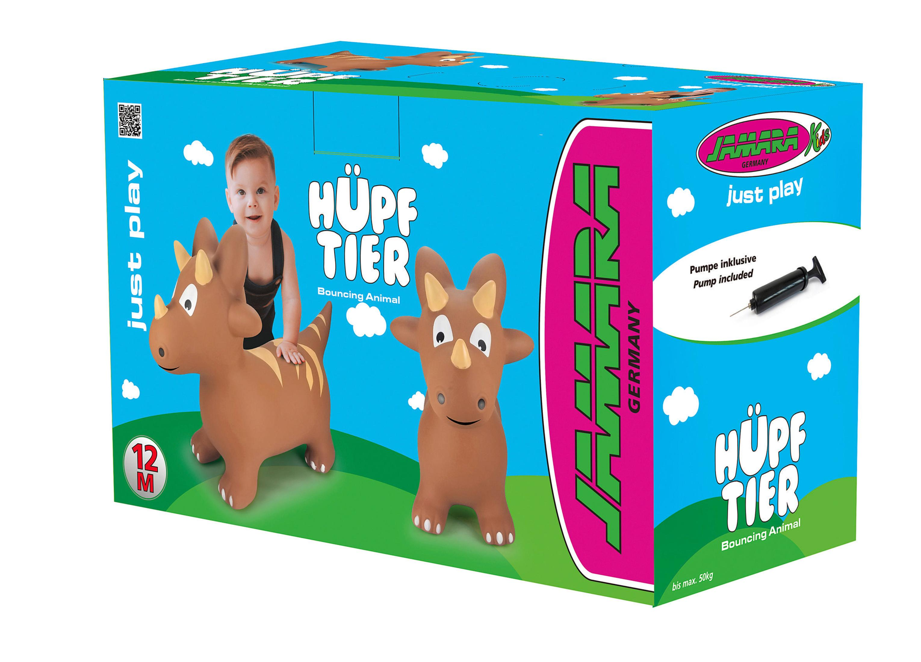 Pudełko z zabawką dinozaurem, dzieckiem i tekstem o cechach zabawki.