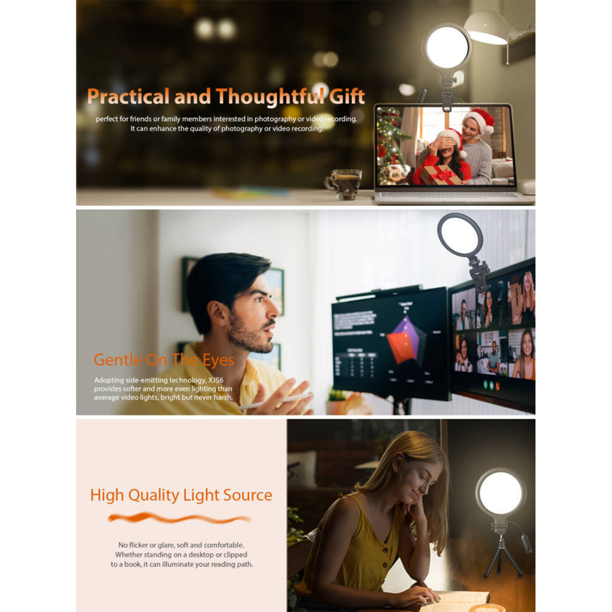 Ein Ringlicht-Setup mit Laptop und zwei Monitoren, mit Text.