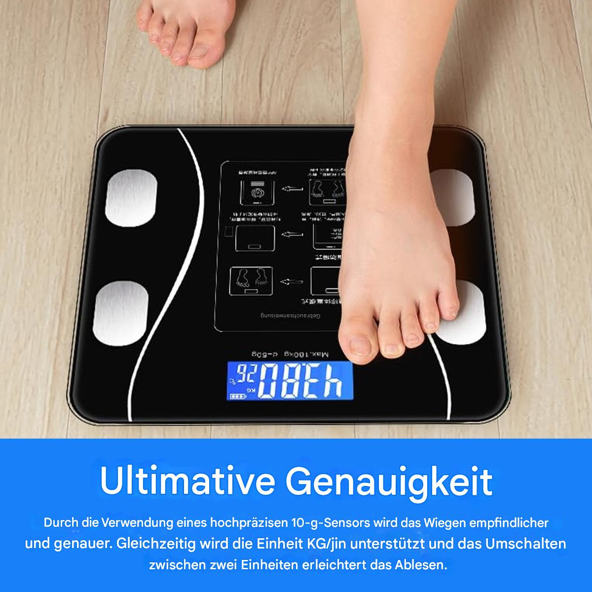 Ein Fuß auf einer schwarzen Digitalwaage, die 92,0 kg anzeigt.