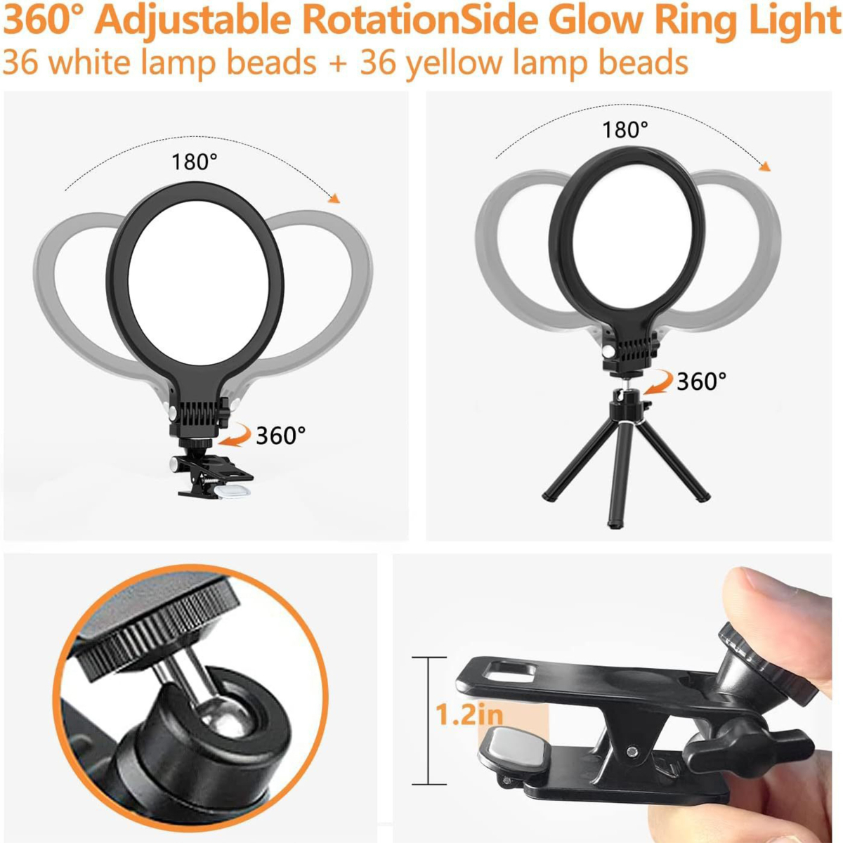 360° verstellbares Ringlicht mit mehreren Einstellpunkten. Zwei Ringlichter sind in verschiedenen Winkeln eingestellt.