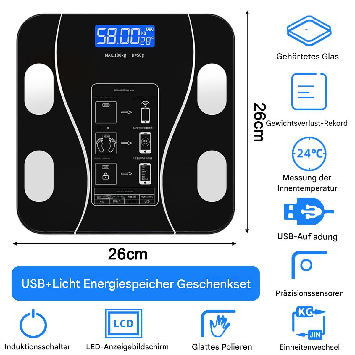 Eine schwarz-weiße Smart-Waage mit LCD-Bildschirm. Sie zeigt das Gewicht und andere Gesundheitsmetriken an.