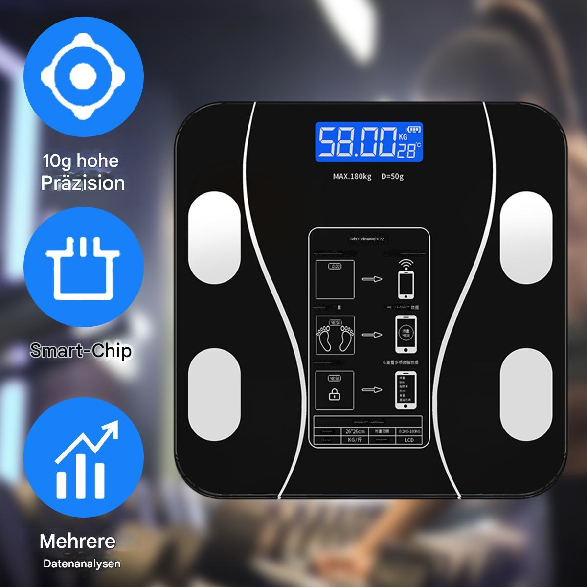 Schwarze Smart-Waage mit 58.00kg, Icons: Präzision, Smart-Chip und Datenanalyse.