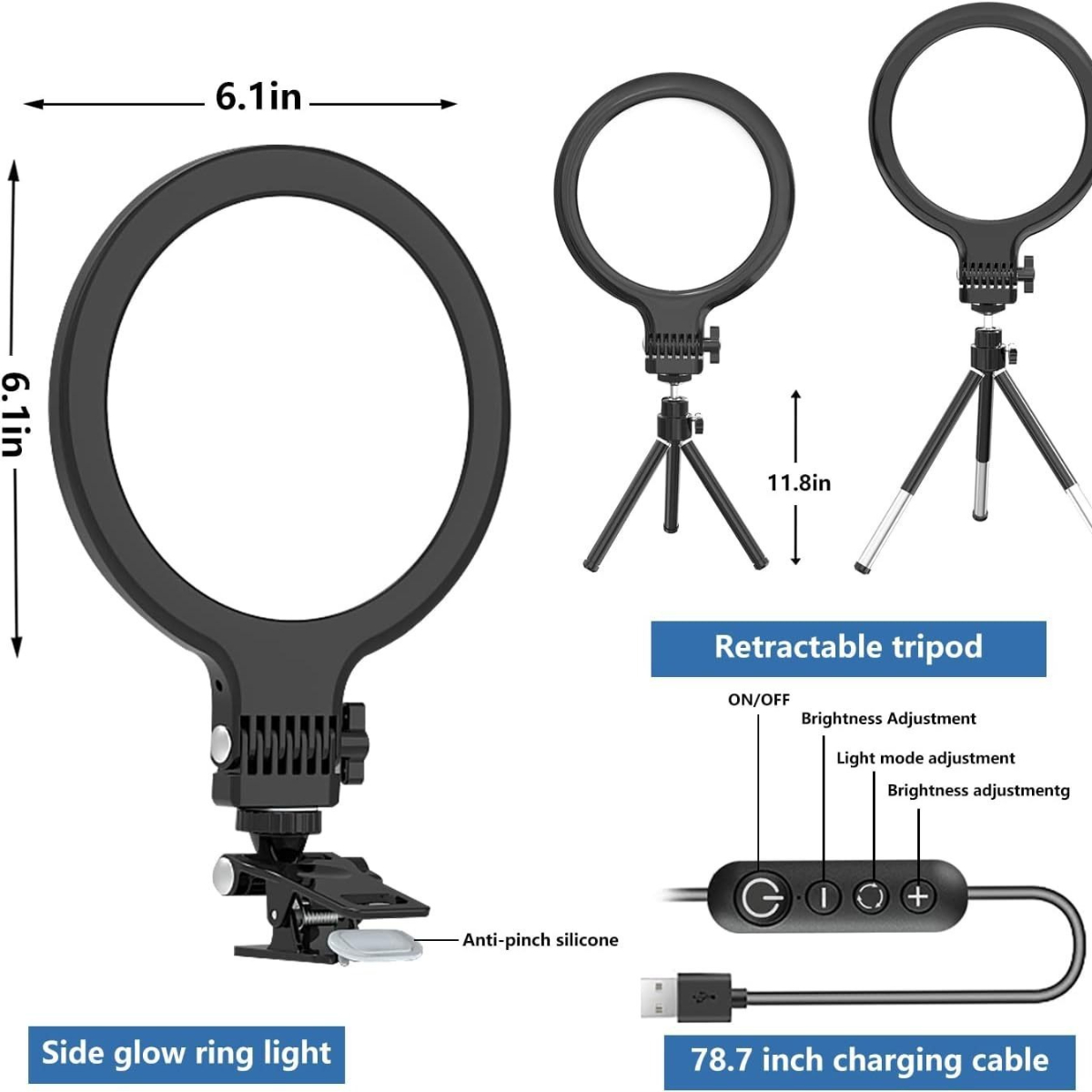 Schwarzes Ringlicht mit Telefonclip, ausziehbarem Stativ und Bedienfeld. Enthält Abmessungen und Kabellänge.
