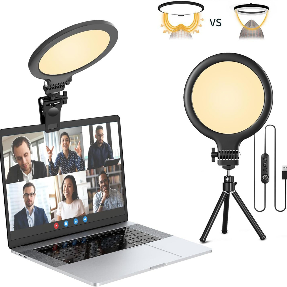 Laptop mit Ringlicht und Clip, vs. Ringlicht mit Stativ.