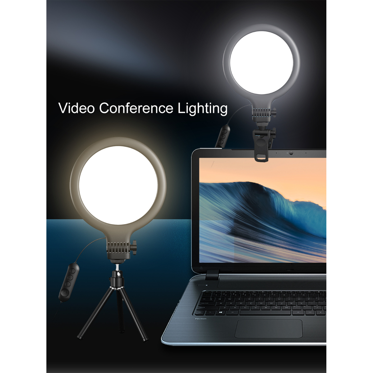 Ein Laptop mit Ringlicht und einem kleinen Stativ.
