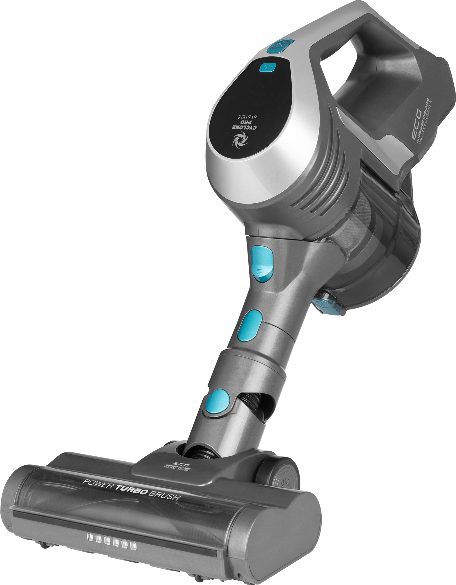Un aspirapolvere grigio senza fili con pulsanti blu. Ha un accessorio spazzola turbo elettrica con un contenitore della polvere trasparente.