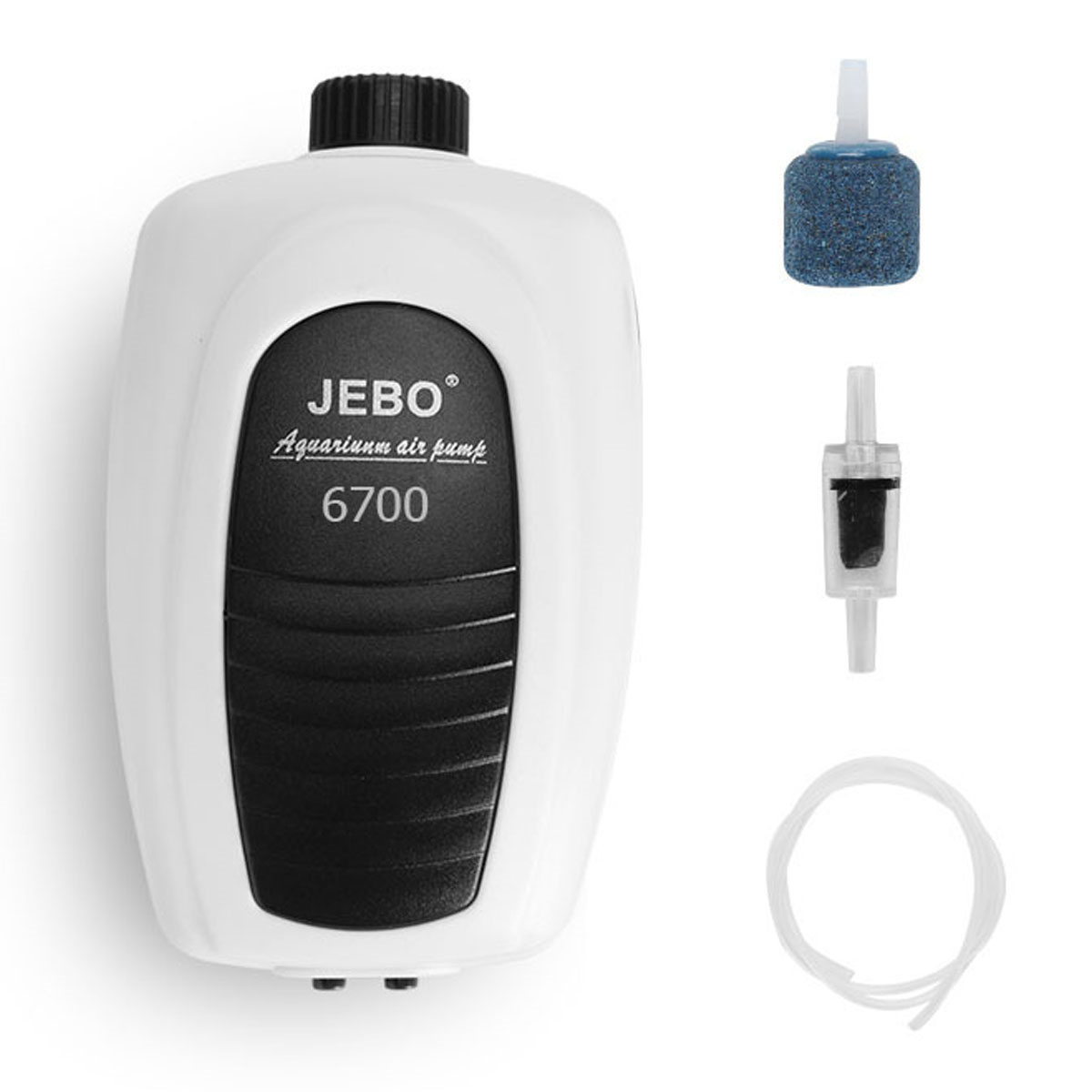 Weiße Aquarienluftpumpe mit Zubehör: einem Luftstein, einem Ventil und einem Luftschlauch.