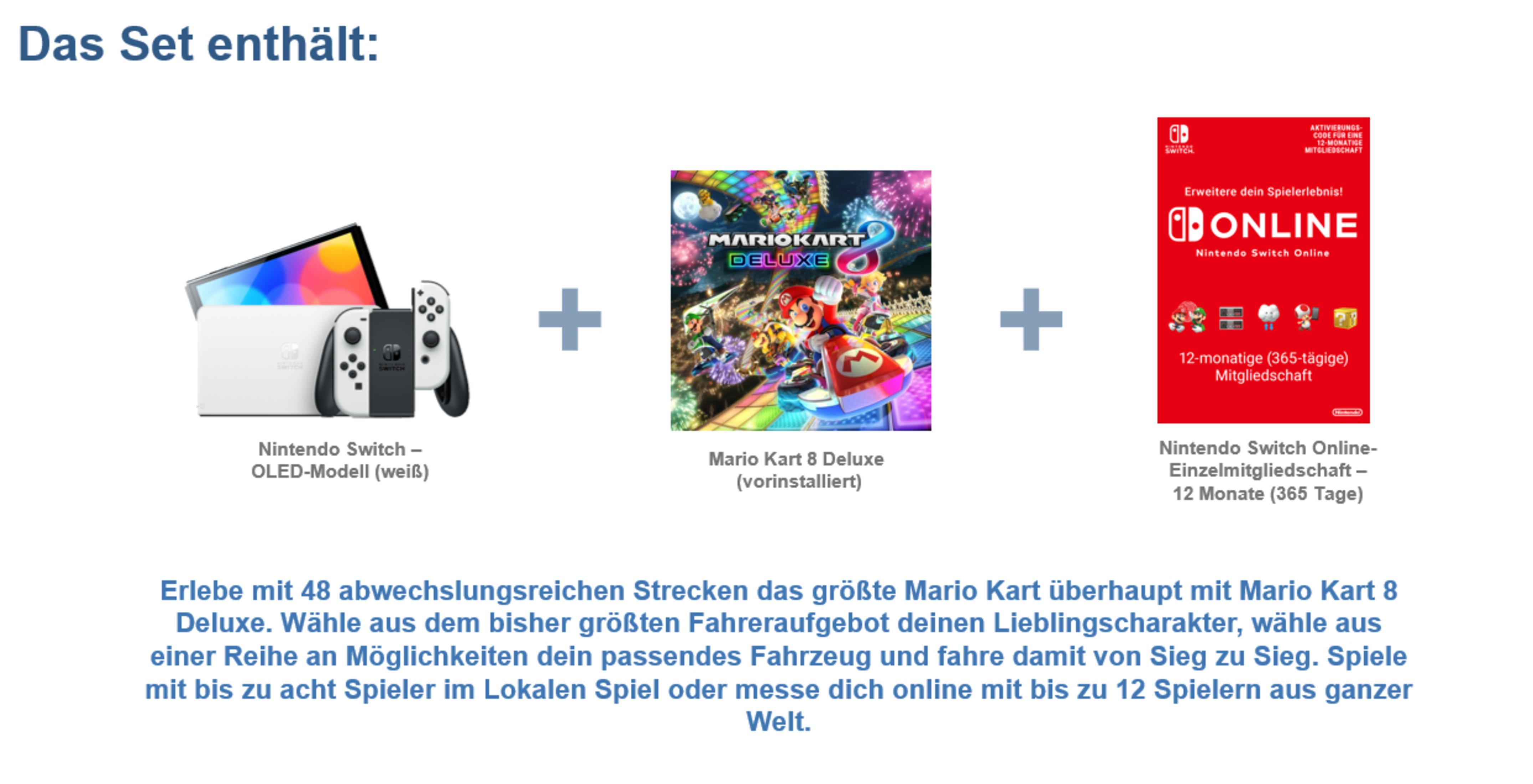 Ein Nintendo Switch OLED-Set mit Mario Kart 8 Deluxe und einer Nintendo Switch Online-Mitgliedskarte.