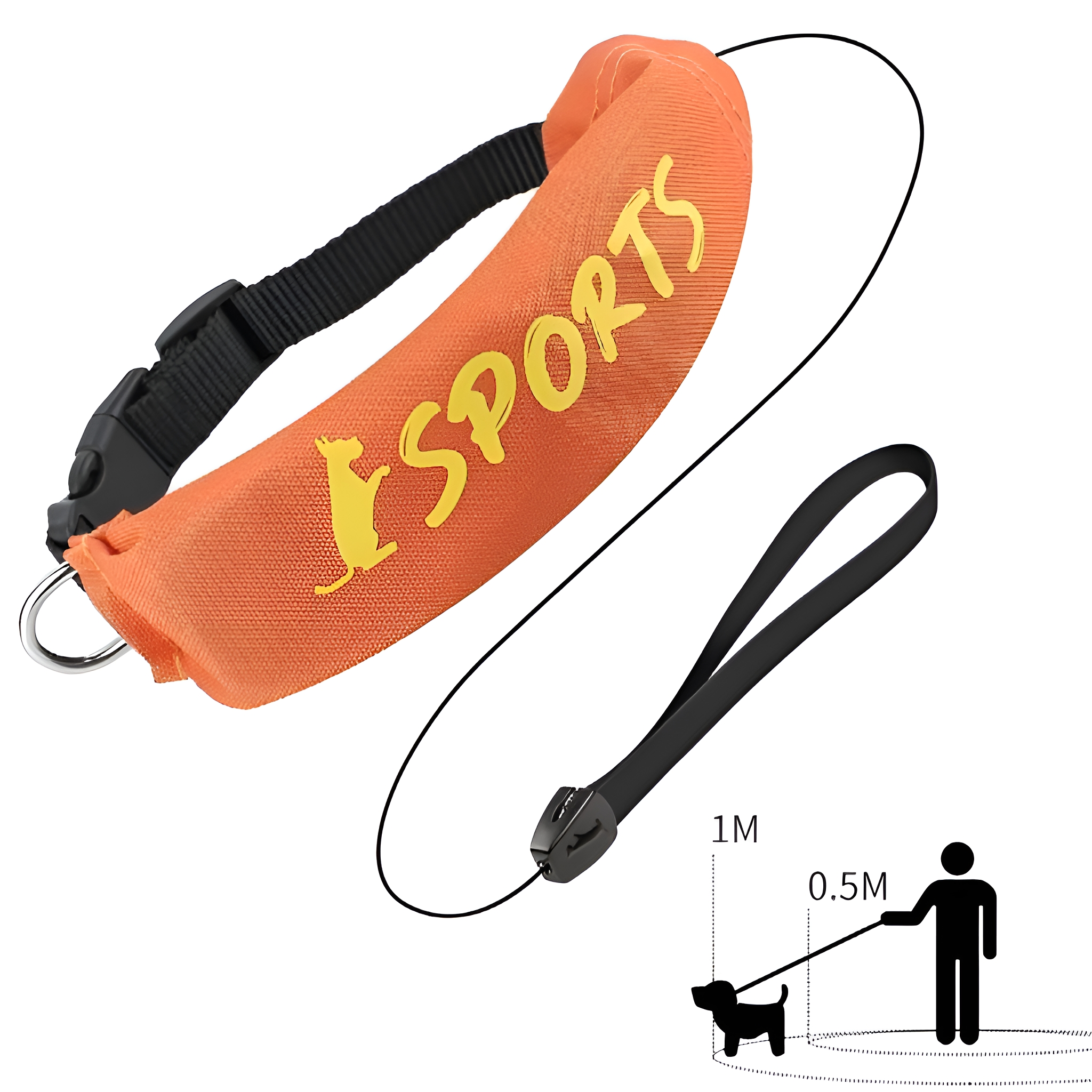 Orangenes Hundehalsband mit schwarzer Leine und Griff. Der Text lautet 'SPORTS'.