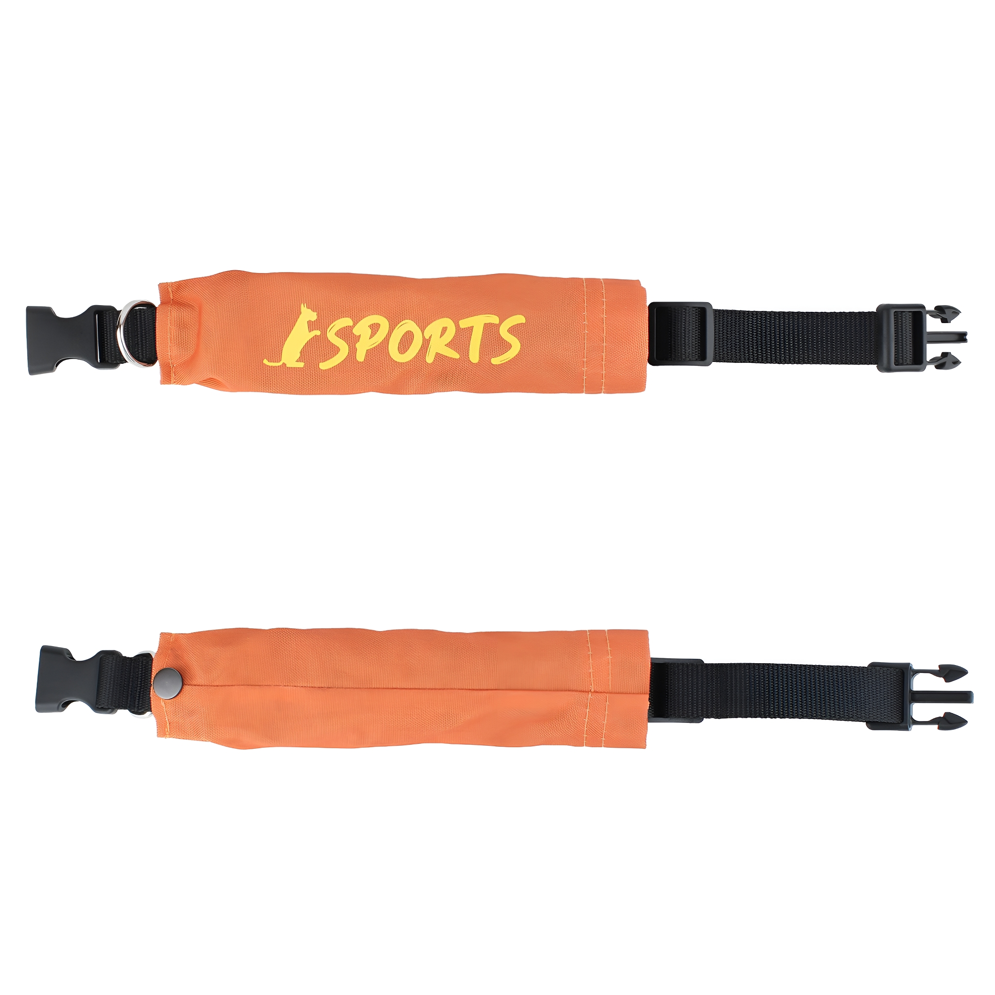 Zwei orangefarbene Hundehalsbänder mit schwarzen Riemen und Schnallen. Der Text „ESPORTS“ ist gelb auf den Kragen sichtbar.