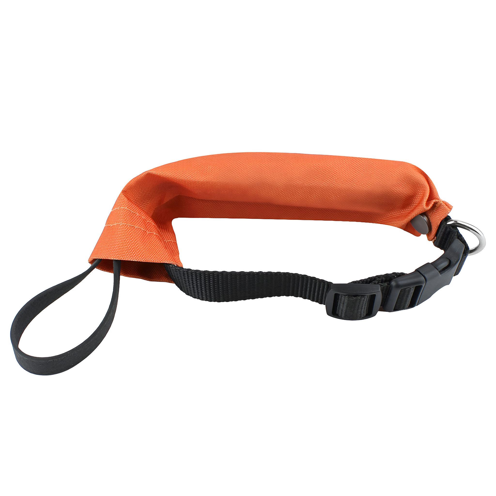 Eine orangefarbene Schwimmweste um einen schwarzen Riemen mit Schnalle.