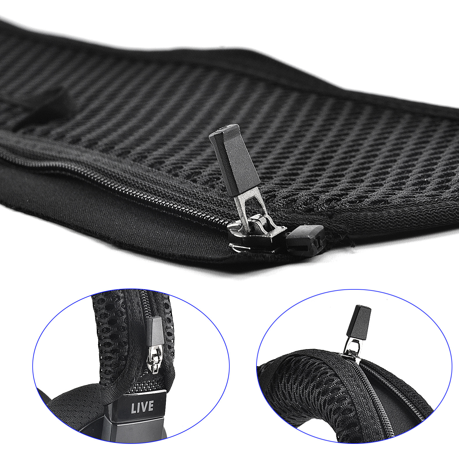 Czarne etui na zamek błyskawiczny ze zbliżeniem zamka i słowem 'LIVE'.