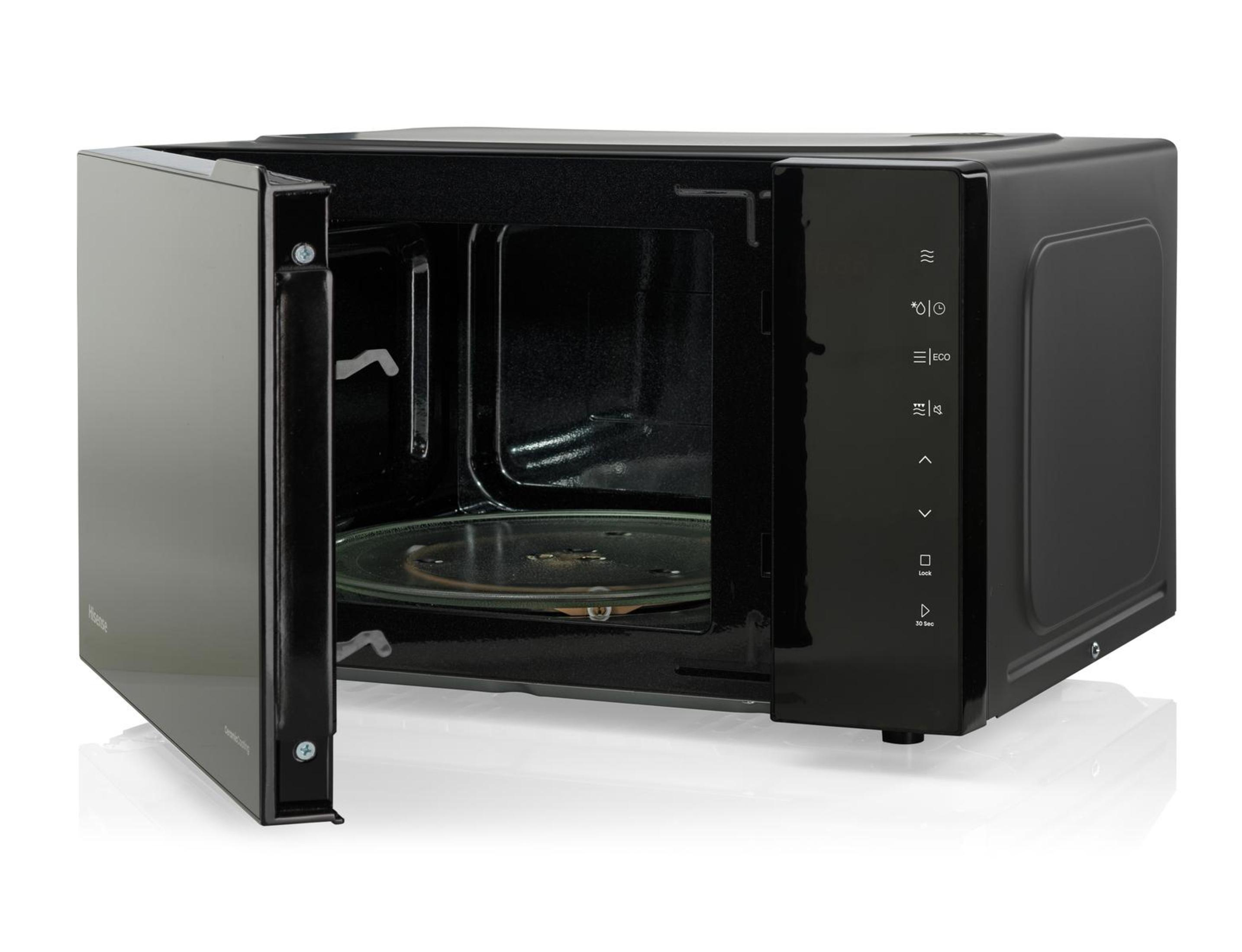 Czarny piekarnik mikrofalowy z otwartymi drzwiami, ukazującym szklany talerz w środku, na białym tle.