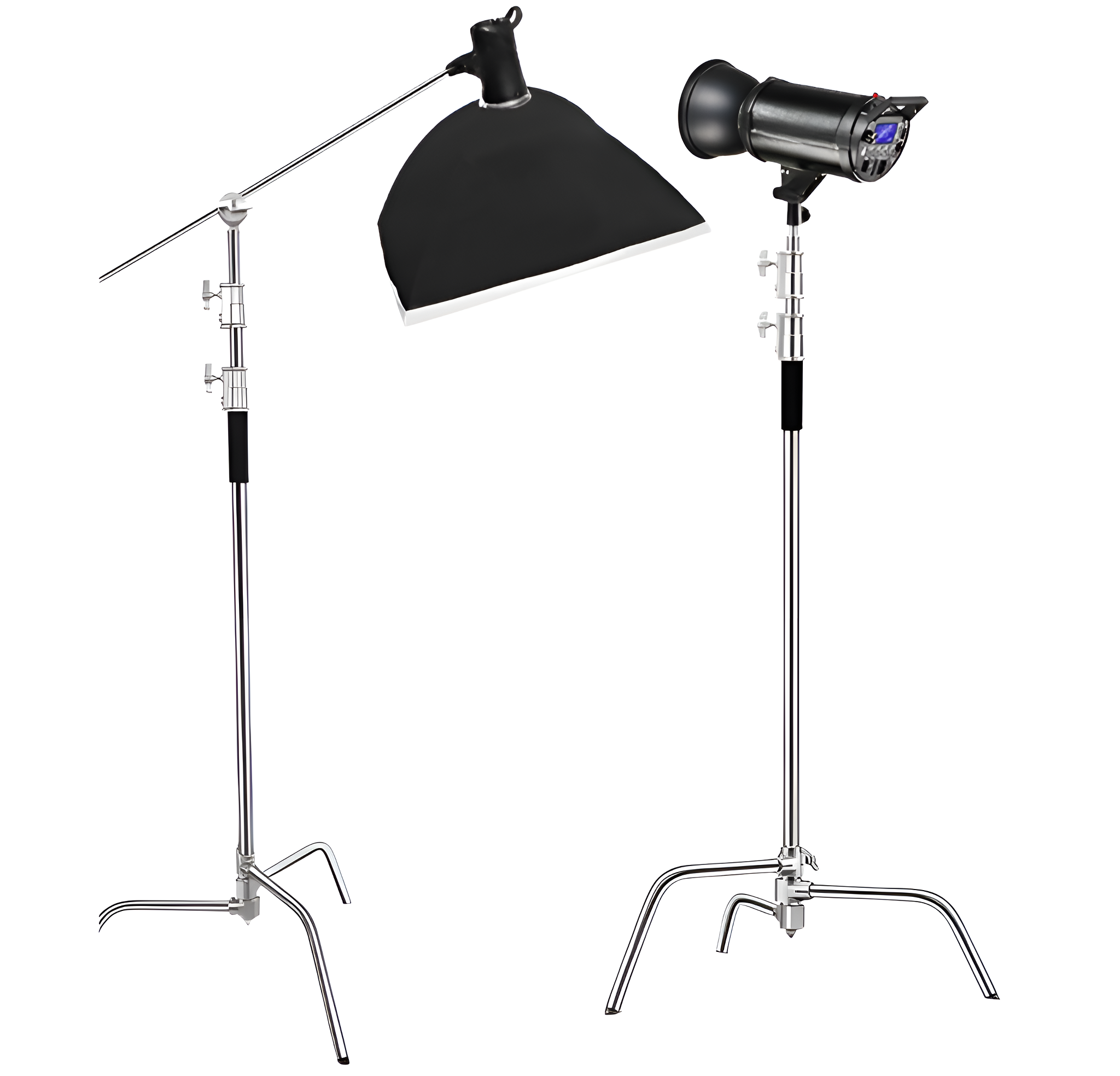 Zwei professionelle Studio-Lichtstative. Eines mit Softbox, das andere mit Spotlicht.