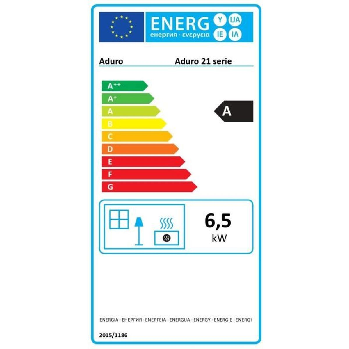 Energieeffizienzlabel. Es zeigt Bewertungen von A++ bis G. Das Label zeigt eine Bewertung von 6,5 kW an.