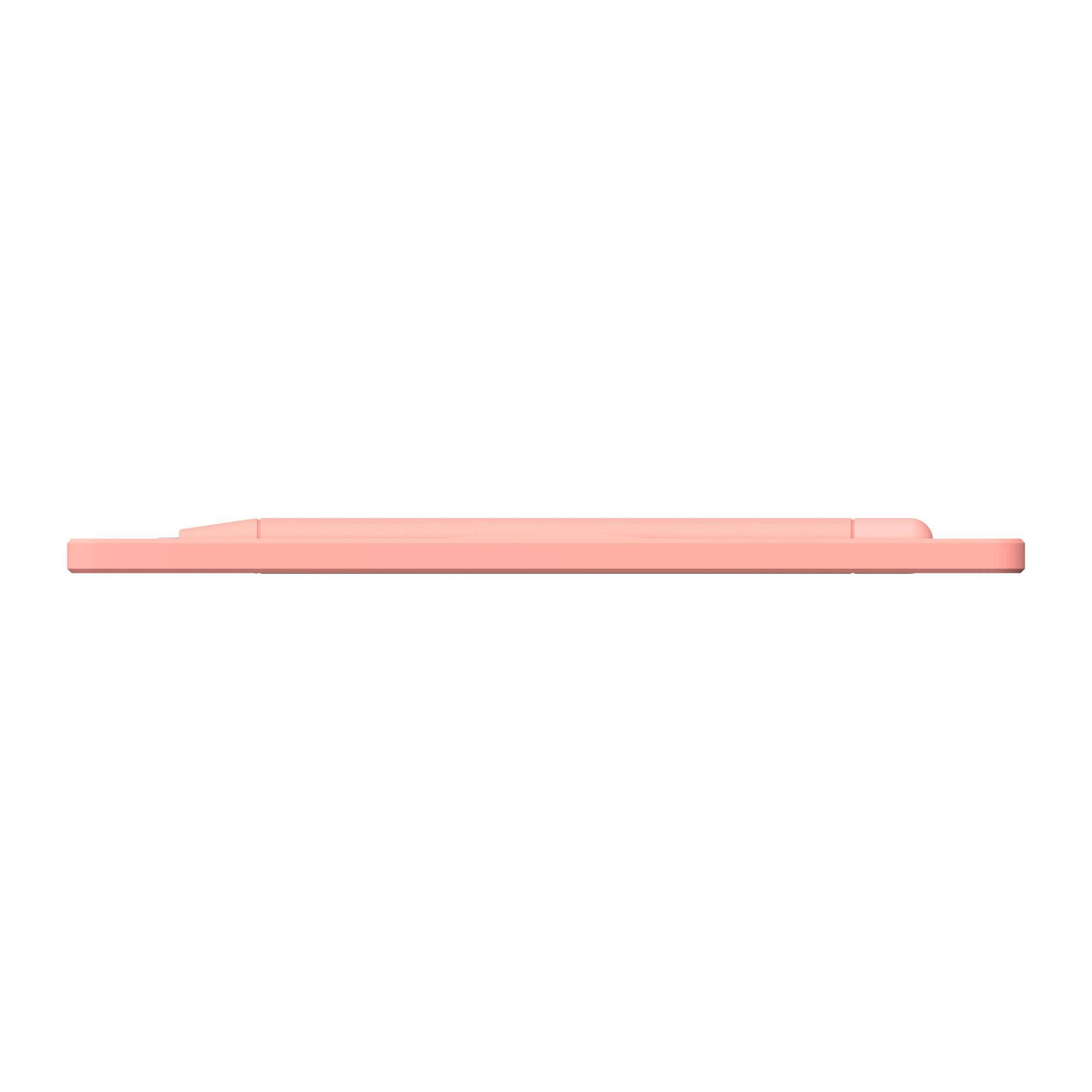 Un tablet rosa, visto di lato, su sfondo bianco.