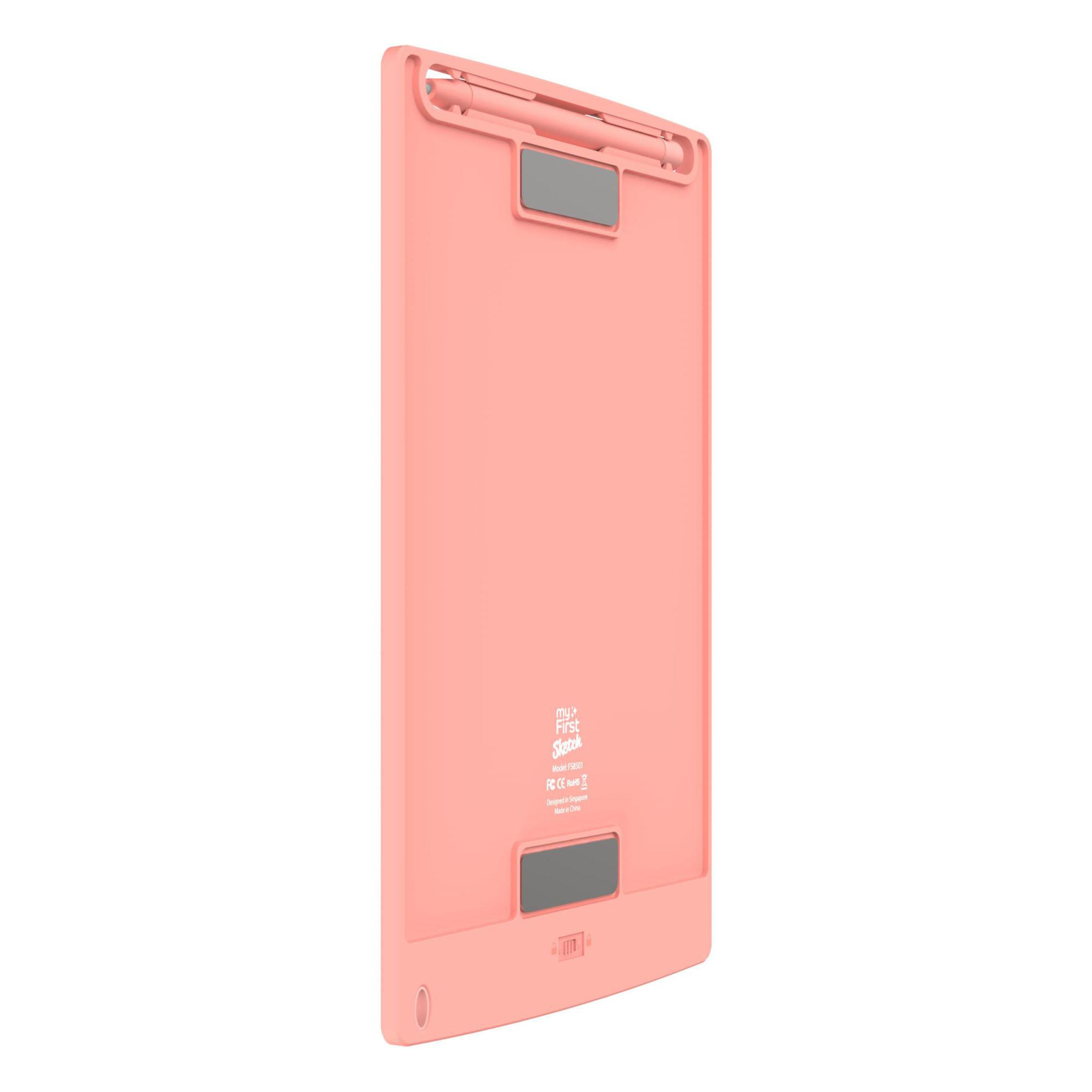 Un tablet rosa su sfondo bianco, angolato, con un logo e due pezzi di supporto.