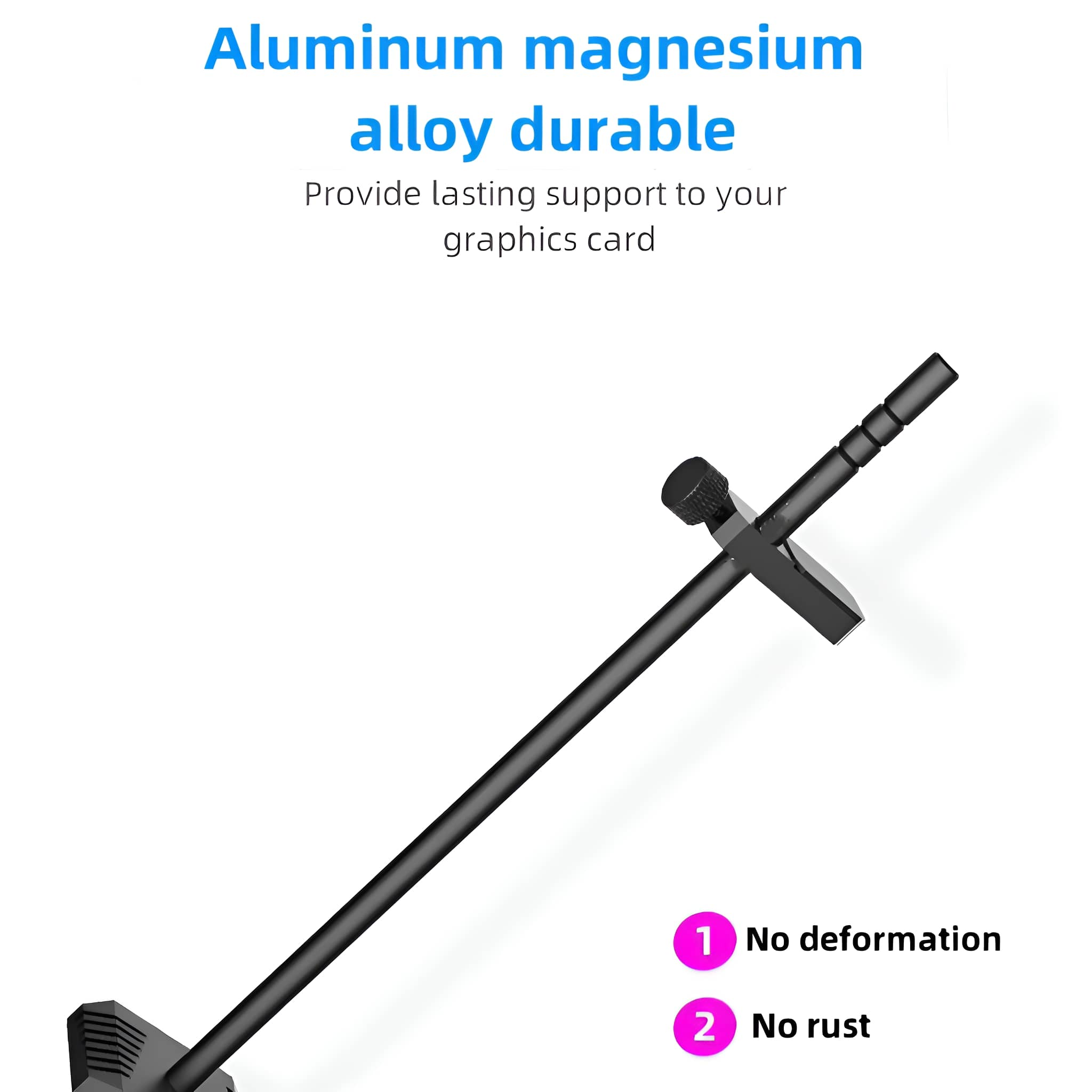 Eine schwarze Halterung für eine Grafikkarte. Text: Aluminium-Magnesium-Legierung, langlebig.
