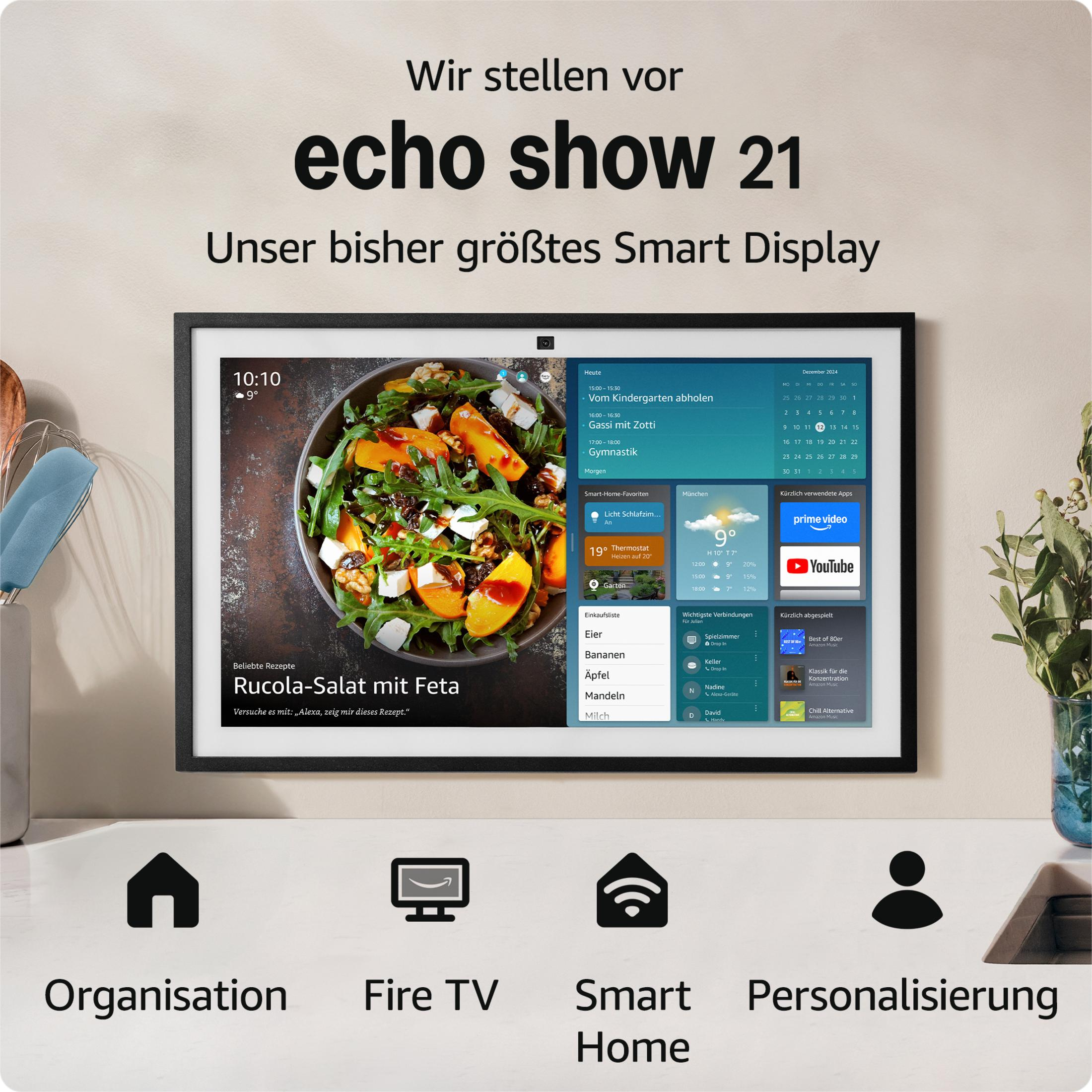 Schwarzes Smart Display, das ein Menü zeigt. Das Display steht auf einem Tisch, neben einer Vase und anderen Gegenständen.