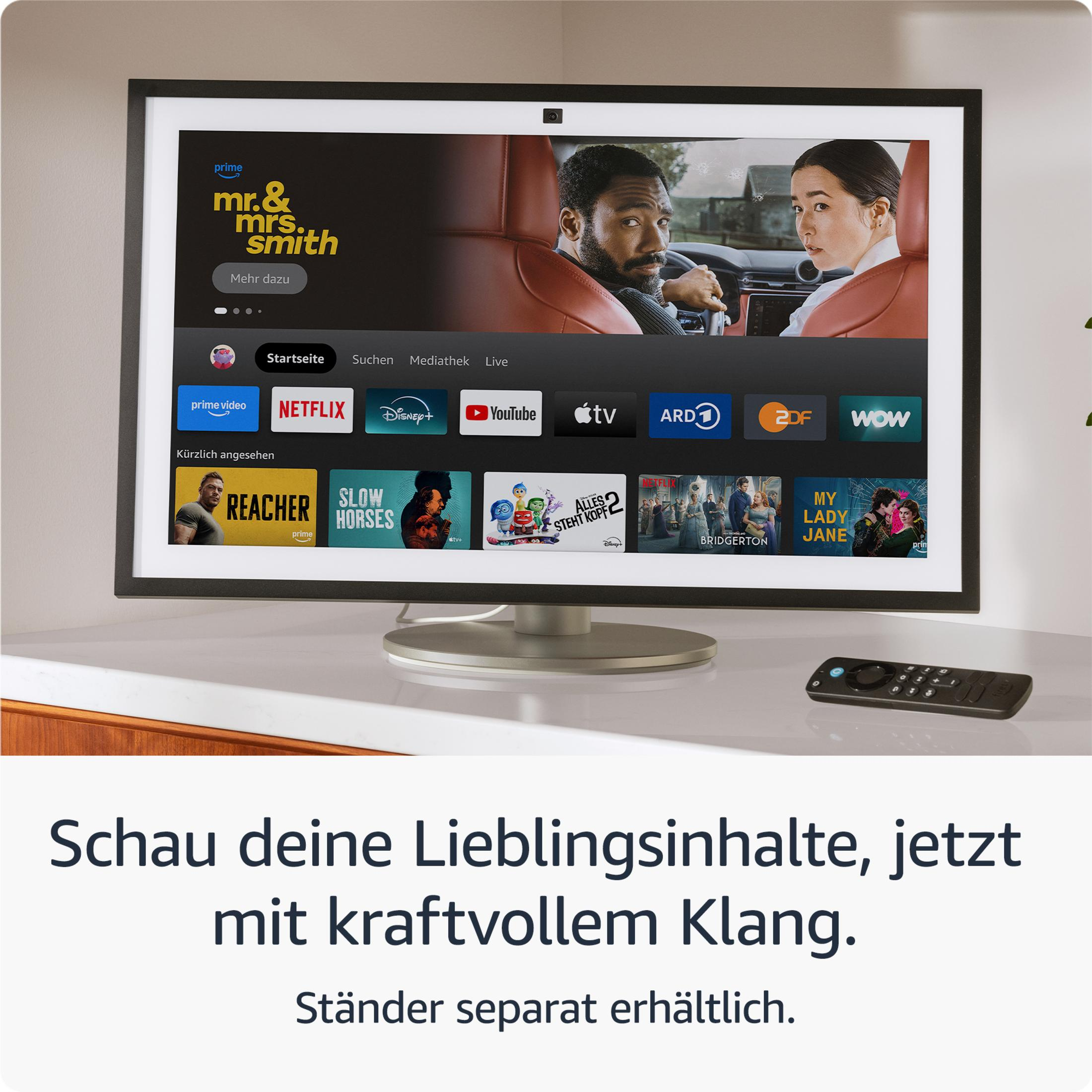 TV-Bildschirm, der eine Streaming-Dienst-Oberfläche mit verschiedenen Miniaturansichten zeigt.