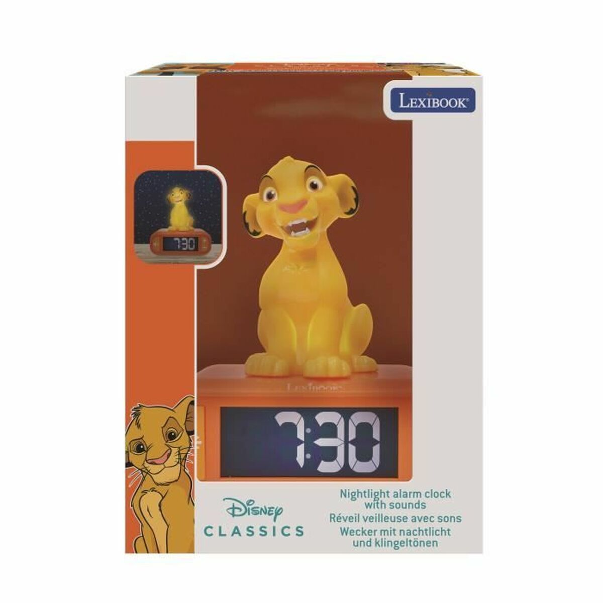 Simba-Wecker in einer orangefarbenen Box. Das Zifferblatt zeigt 7:30 Uhr und Simba lächelt.
