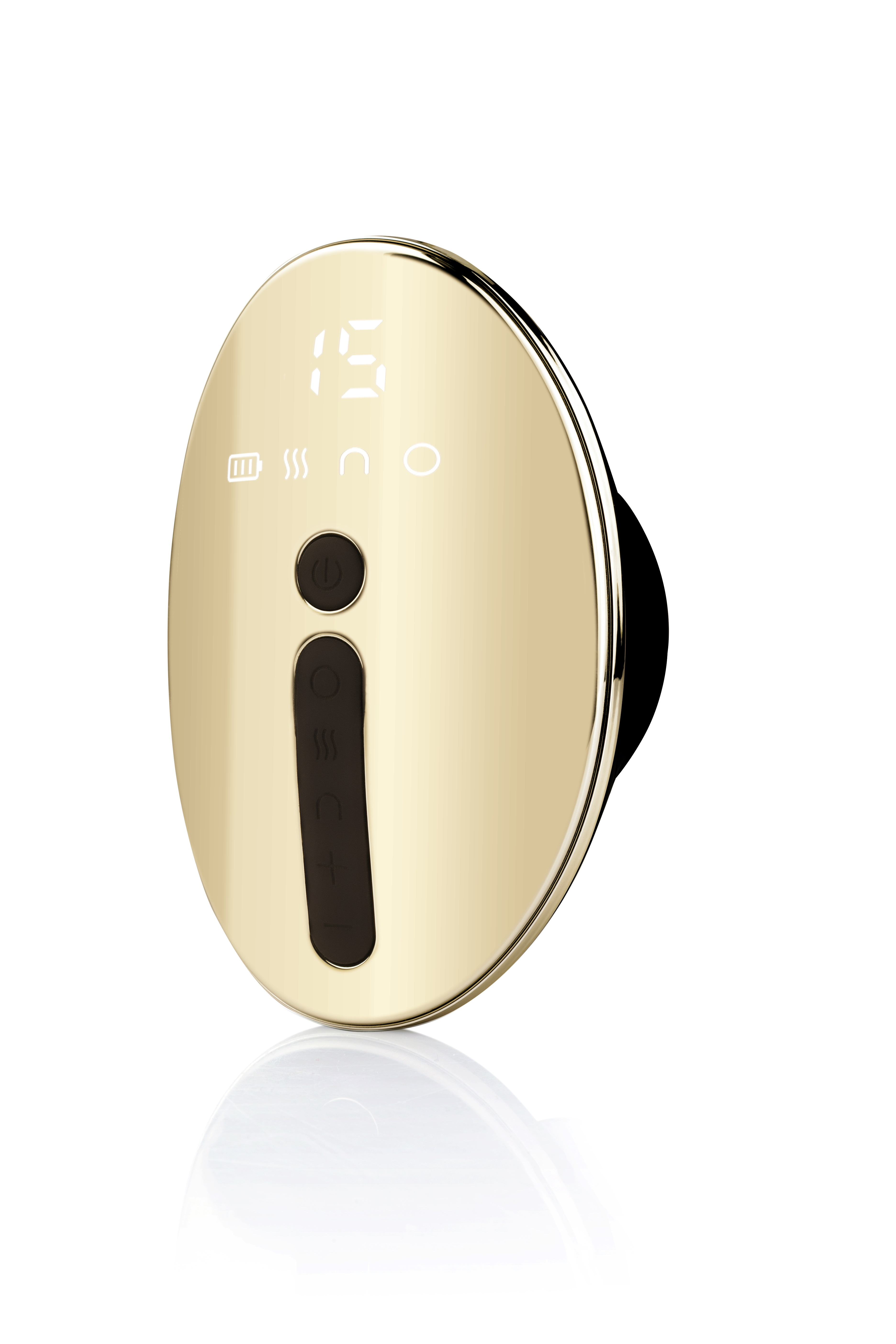Dispositivo dorado con pantalla digital que muestra '15'. Tiene botones e iconos.