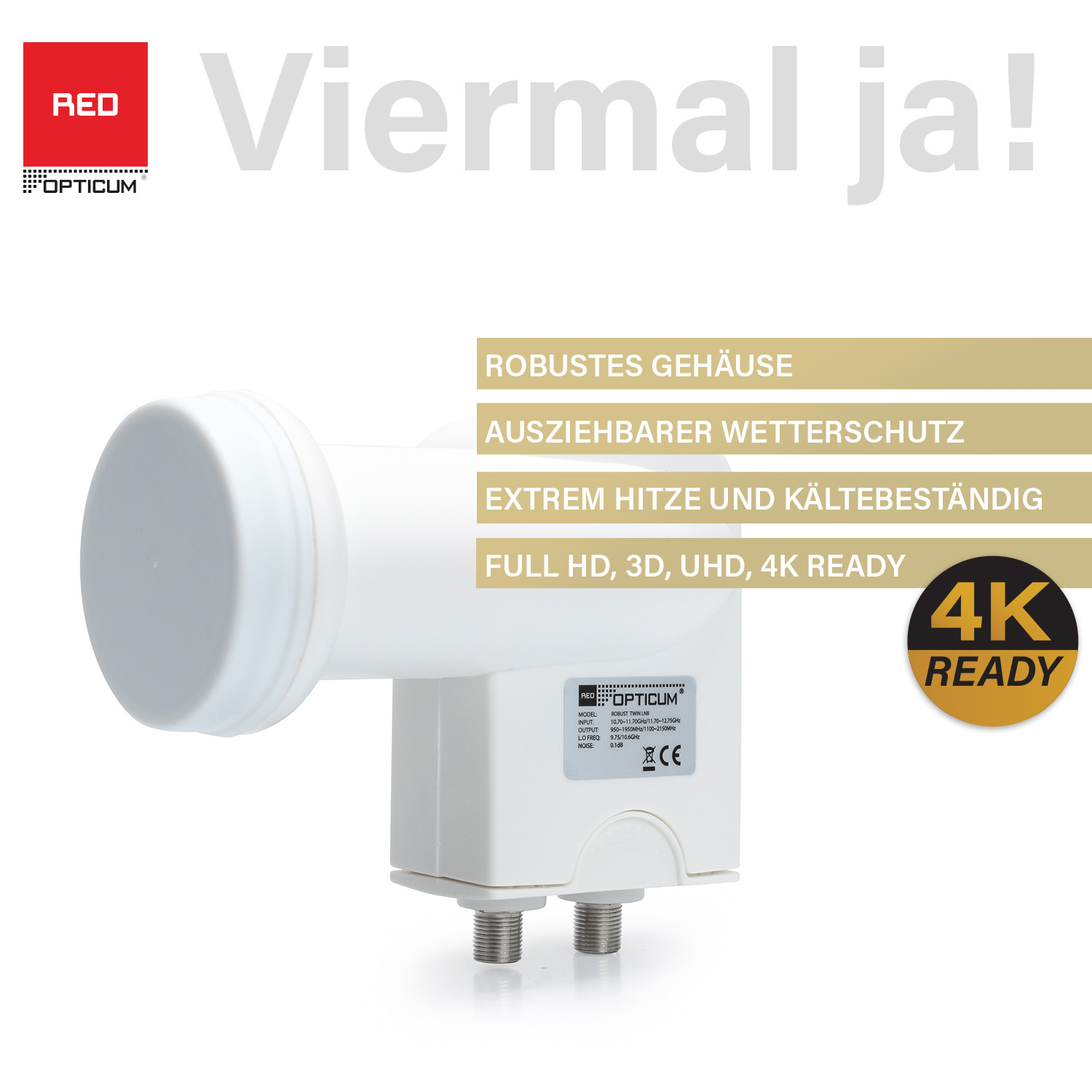 Eine weiße Satellitenschüssel mit weißem Gehäuse und schwarzem Sockel. Text auf Deutsch ist sichtbar.